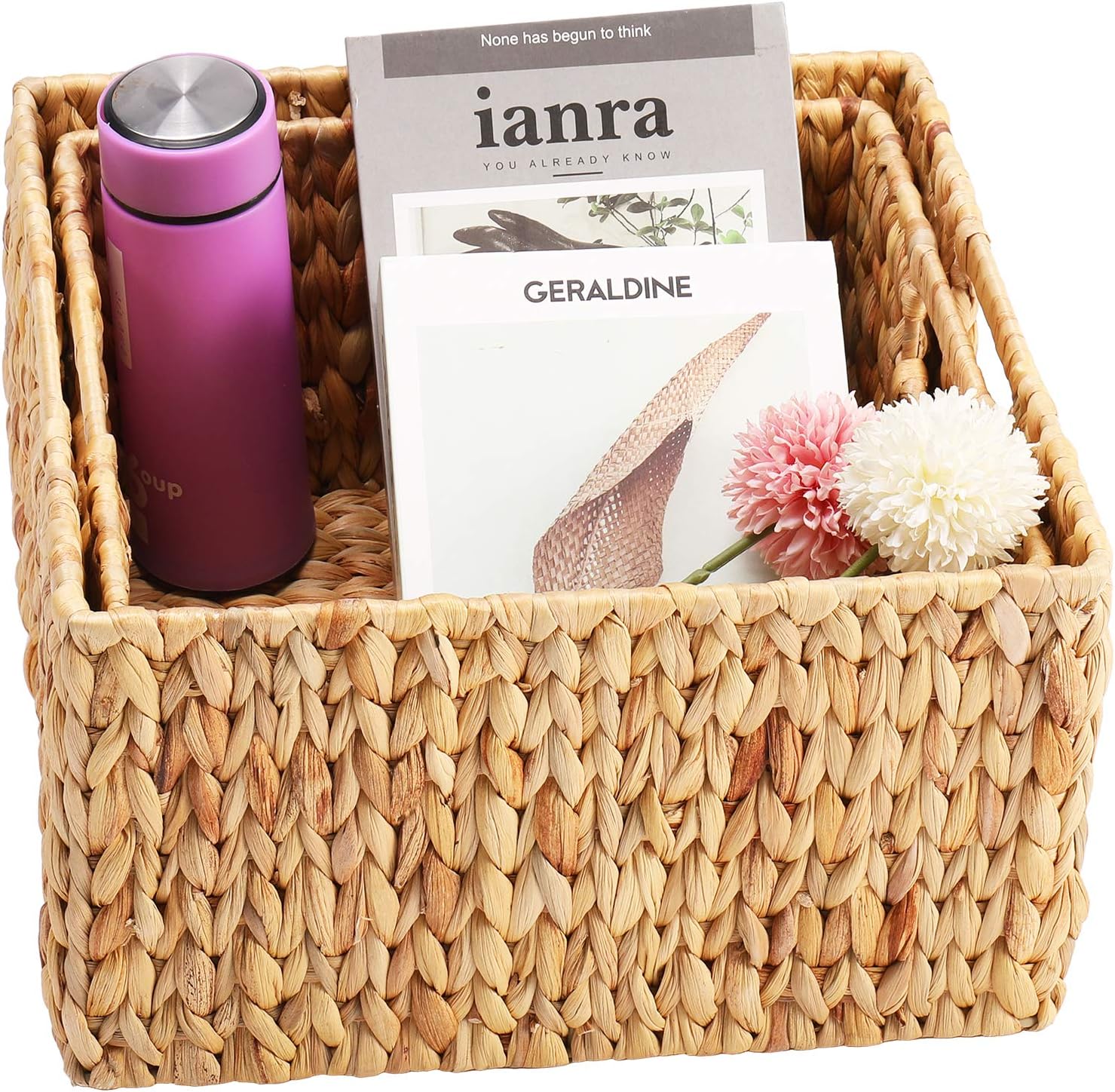 HOONEX Water Hyacinth Storage Baskets for Organizing, Decorative Wicker Baskets with Carrying Handles, Set of 2, Natural