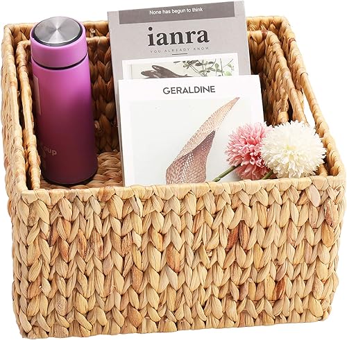 Vista 65 de HOONEX Cestas de almacenamiento de jacinto de agua, cestas de mimbre para organizar, cestas tejidas a mano con asas de transporte, juego de 2