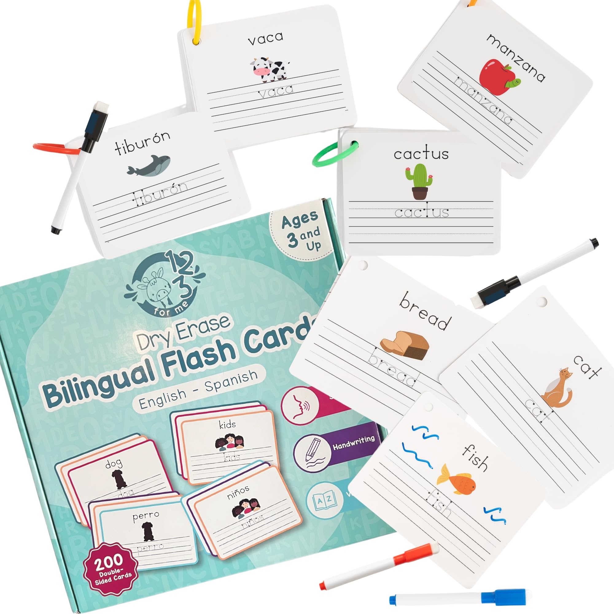 Dry Erase Spanish Flash Cards for Kids | English - Spanish Alphabet Flash Cards for Beginners - Set of 200 ESL Teaching and Learning Bilingual Flashcards for Writing and Reading Games.