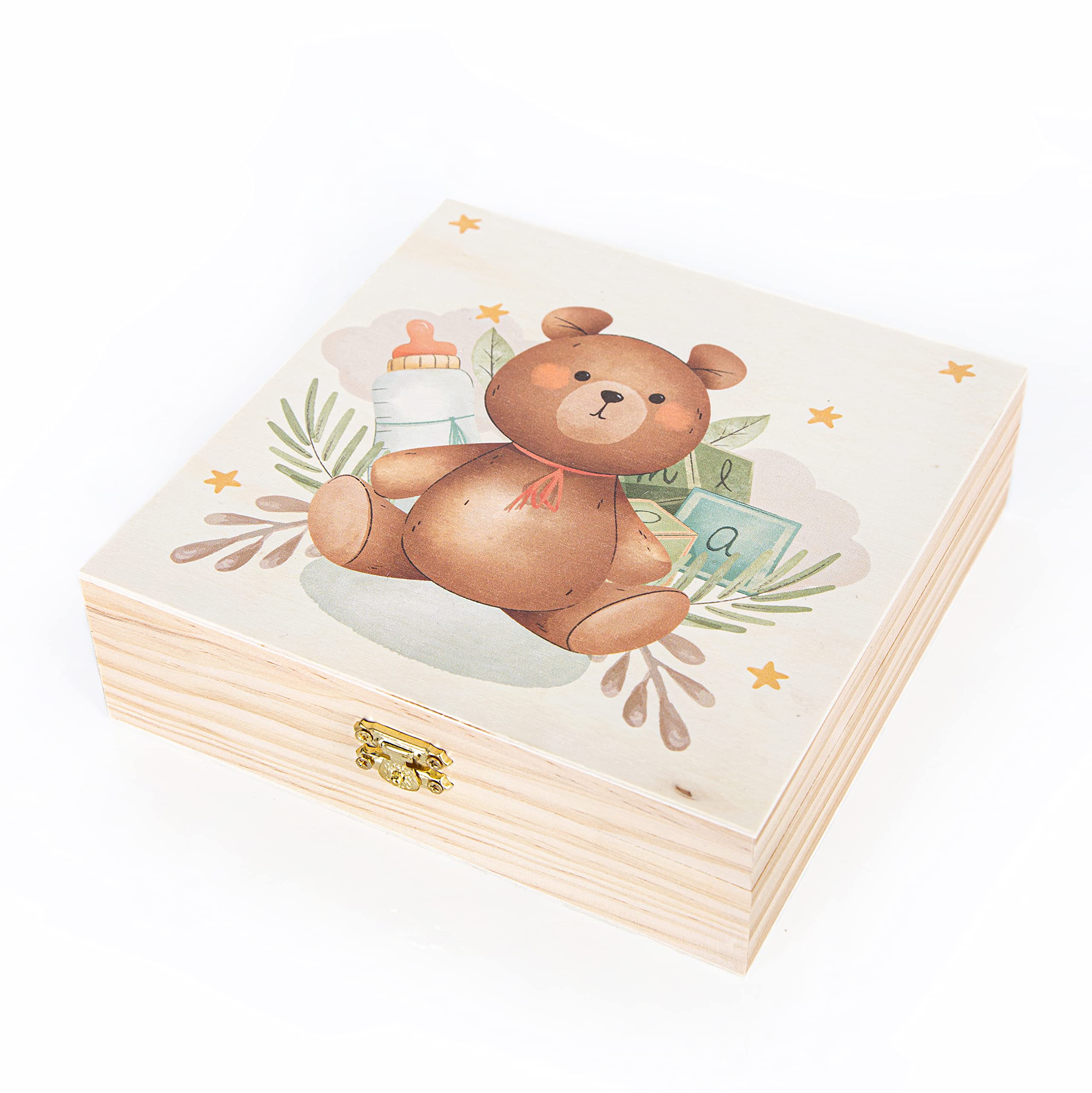 Boîte à Souvenirs Baptême Et Communion En Bois D'Eucalyptus – 18,5 X 18,5 Cm Avec Poisson Et Feuilles – Idéal Pour Garder Cartes, Photos Et Cadeaux