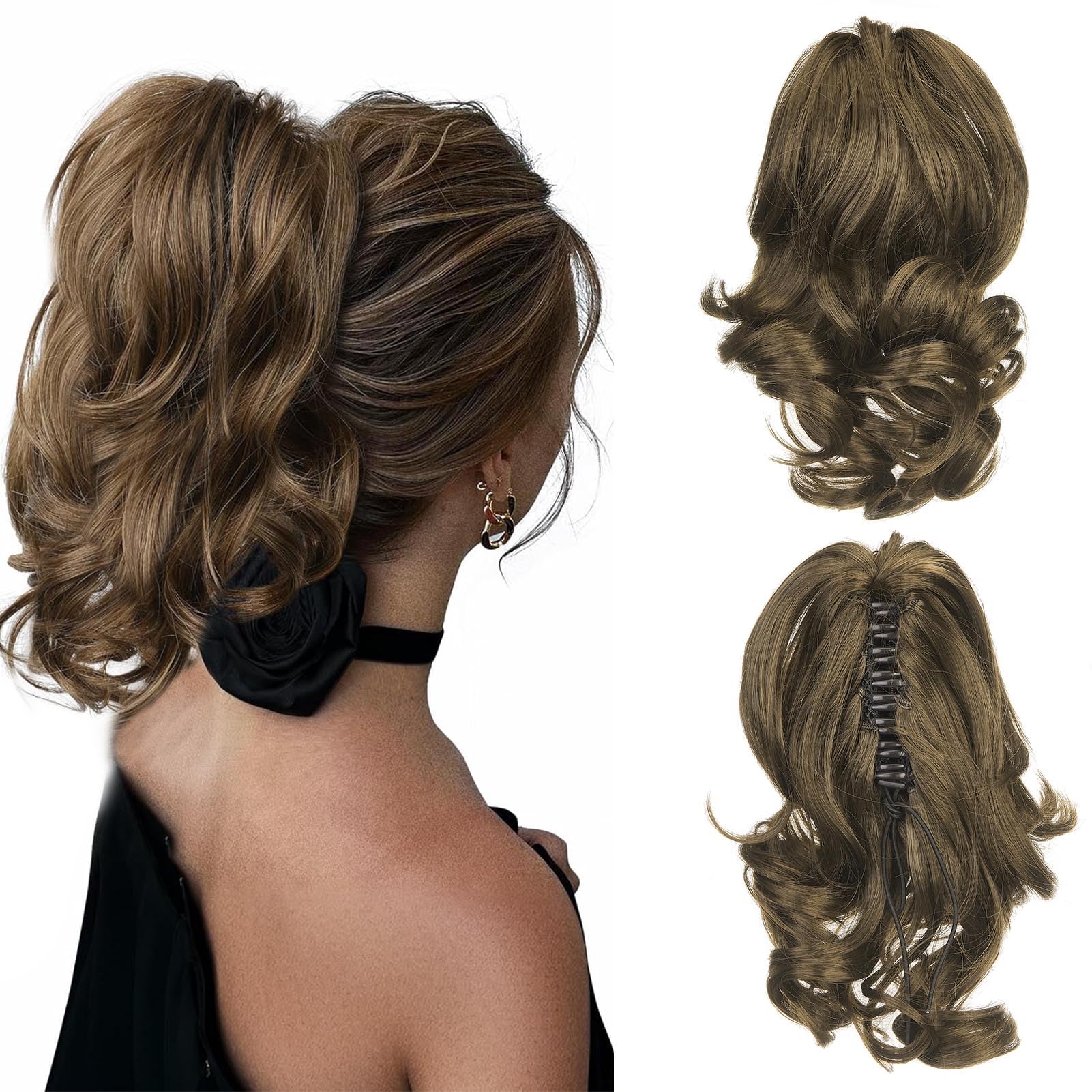 Cybelleza 14 inch Ponytail Hair Extension Curly Wavy Claw Jaw on Long Short Cute Pony Tails Clip in Hair Extensions Ponytail Hairpieces Synthetic for Women Golden Brown