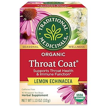 Traditional Medicinals Organic Throat Coat Lemon Echinacea Seasonal Tea (Pack of 1), Supports Throat Health & Immune Function, 16 Tea Bags