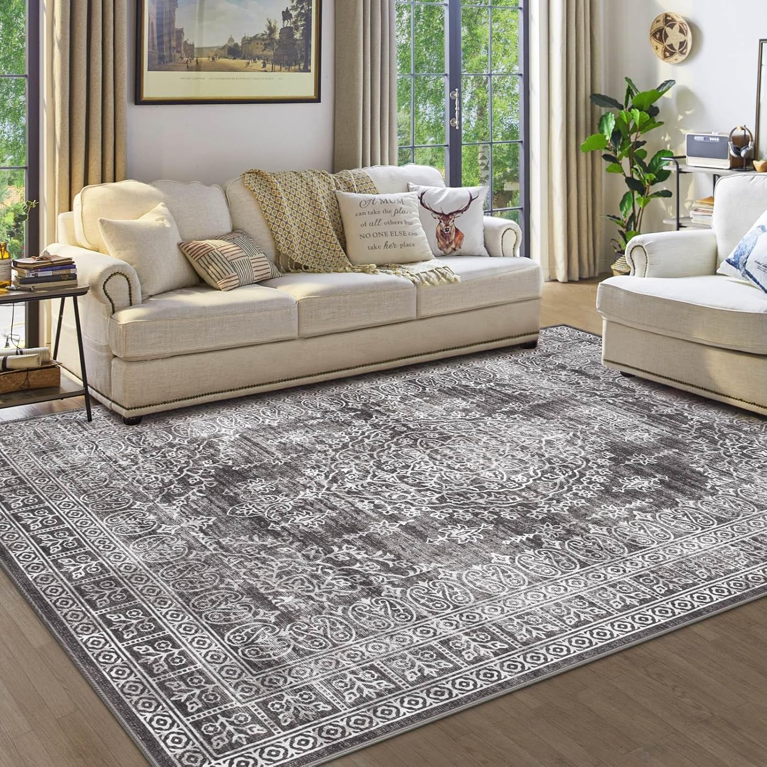 8x10 Area Rugs Washable Rug - Large Vintage Boho Living Room Rug Soft Anti-Skid Thin Carpet Indoor Floor Non-Slip Backing Carpets for Bedroom Dining Table Home Office Farmhouse (Gray, 8x10)