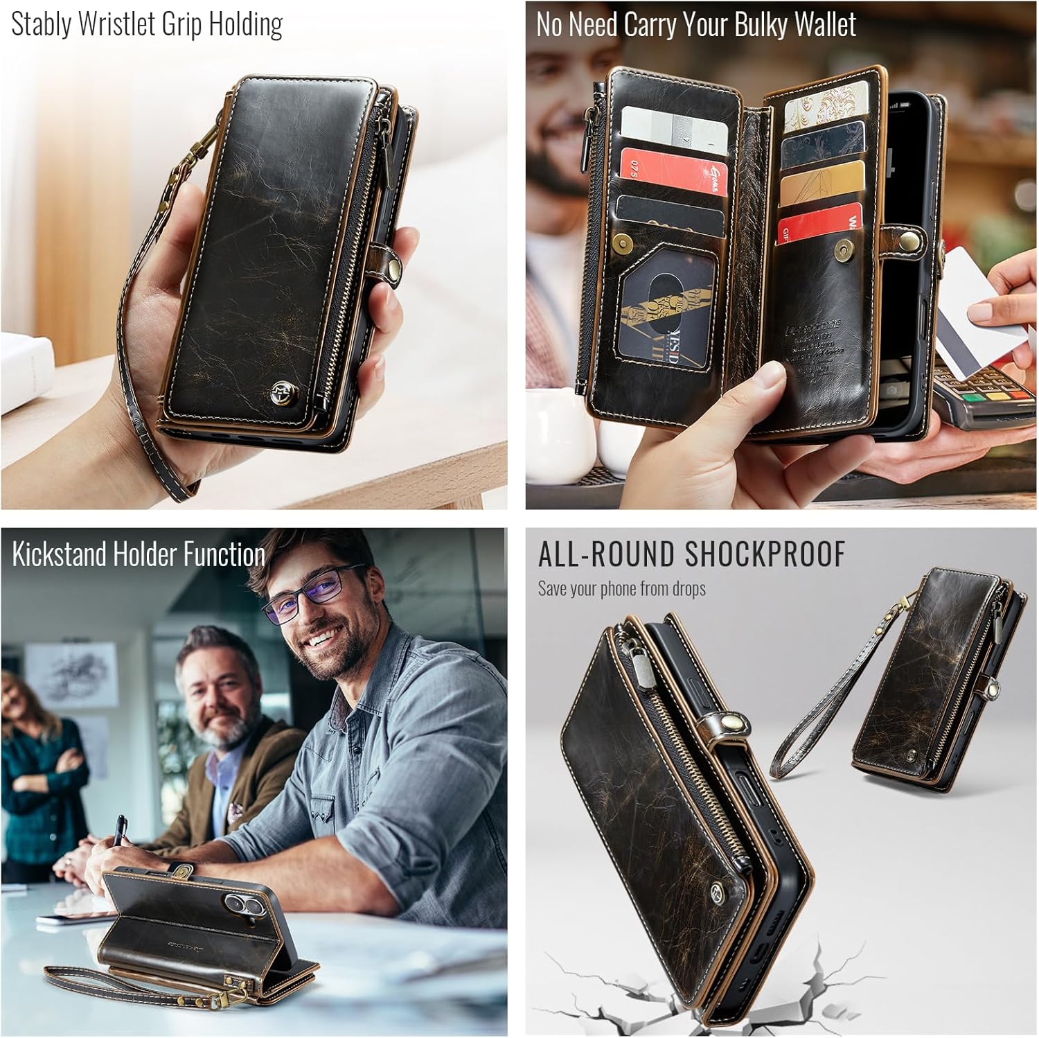 Defencase Compatible with iPhone 16 Plus Case Wallet with RFID Blocking Card Holder for Women Men, Soft PU Leather Magnetic Snap Flip Zipper Strap Wallet Phone Case Fit for iPhone 16 Plus 6.7", Coffee