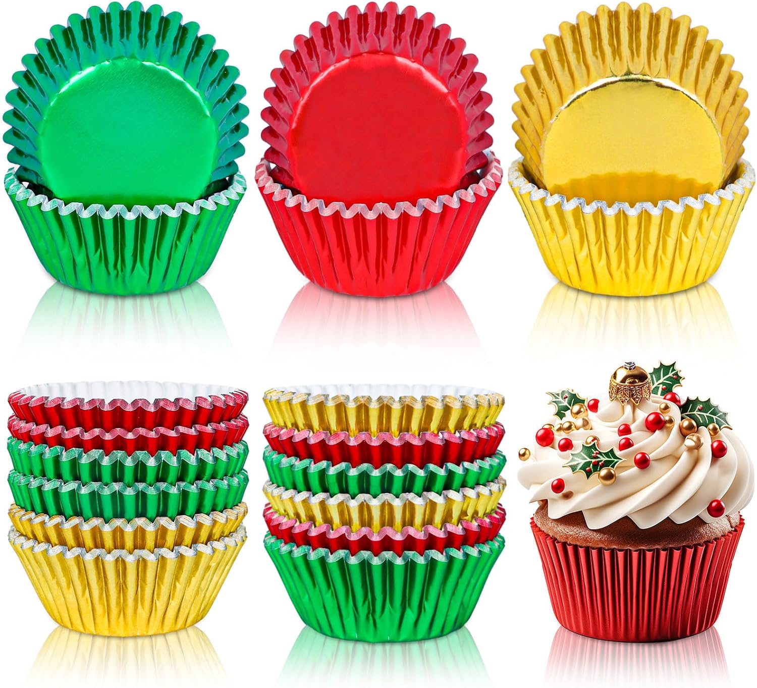 Whaline 150Pcs Christmas Foil Cupcake Liners Red Green Gold Foil Metallic Cupcake Wrappers Muffin Liners for Christmas Holiday Party Supplies Table Decor Whaline 150Pcs Christmas Foil Cupcake Liners Red Green Gold Foil Metallic Cupcake Wrappers Muffin Liners for Christmas Holiday Party Supplies Table Decor