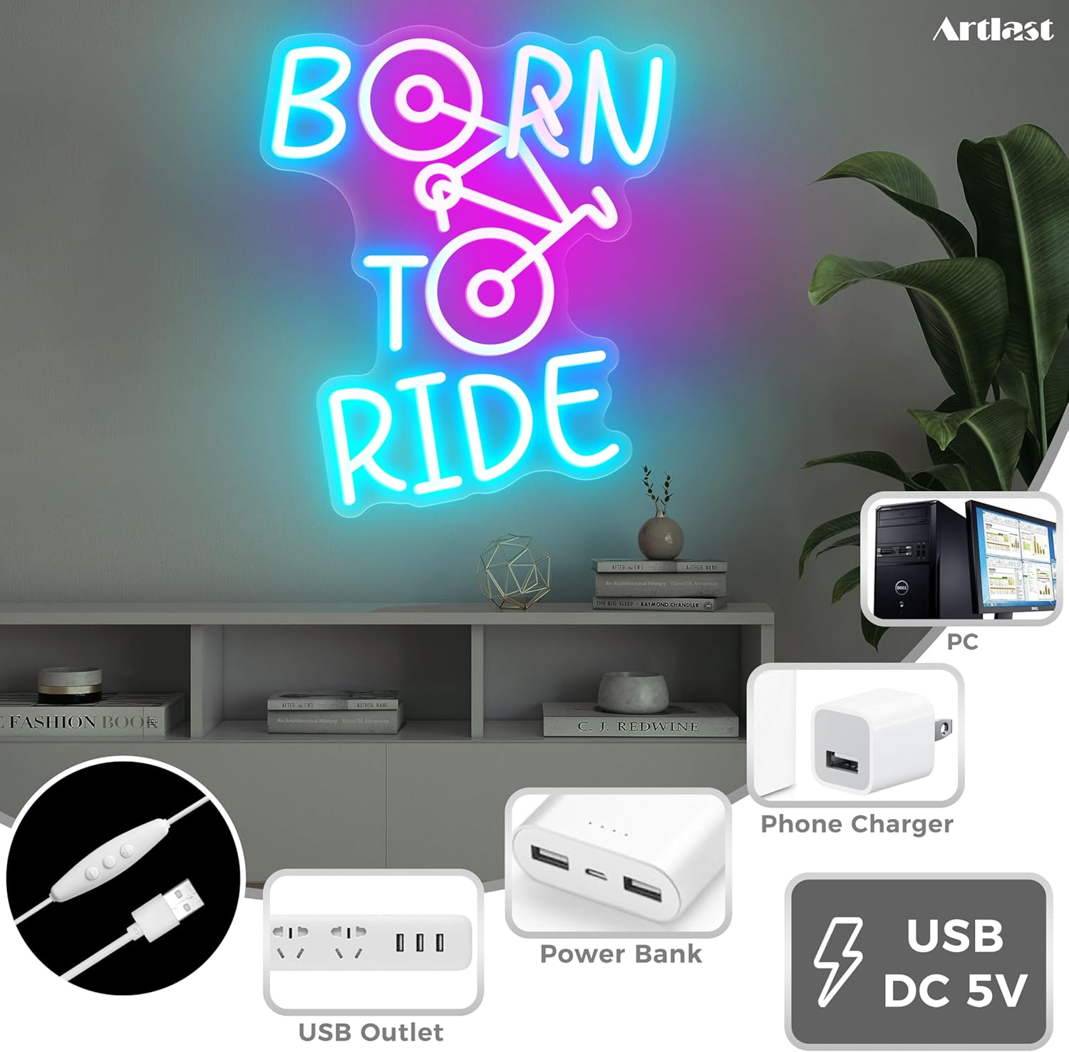 Born to Ride Neon Sign Dimmable USB Neon Sign for Wall Pink & Blue Bicycle LED Light for Dorm Bar Club Game Room Unique Gift for Cyclists