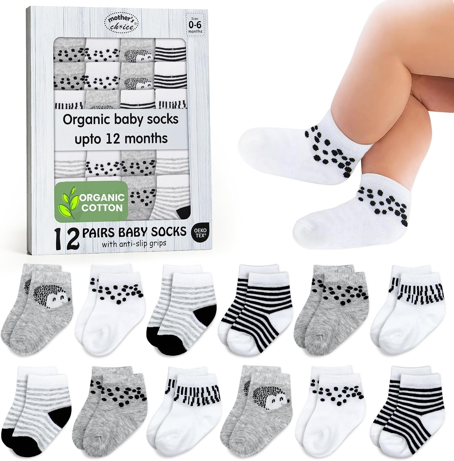 Mother's Choice Organic Cotton Baby Socks 0–6 Months, 12 Pairs Newborn & Infant Socks Soft Hypoallergenic Breathable Gentle On Delicate Skin Stretch Fit Comfortable Daily Essentials For Little Ones