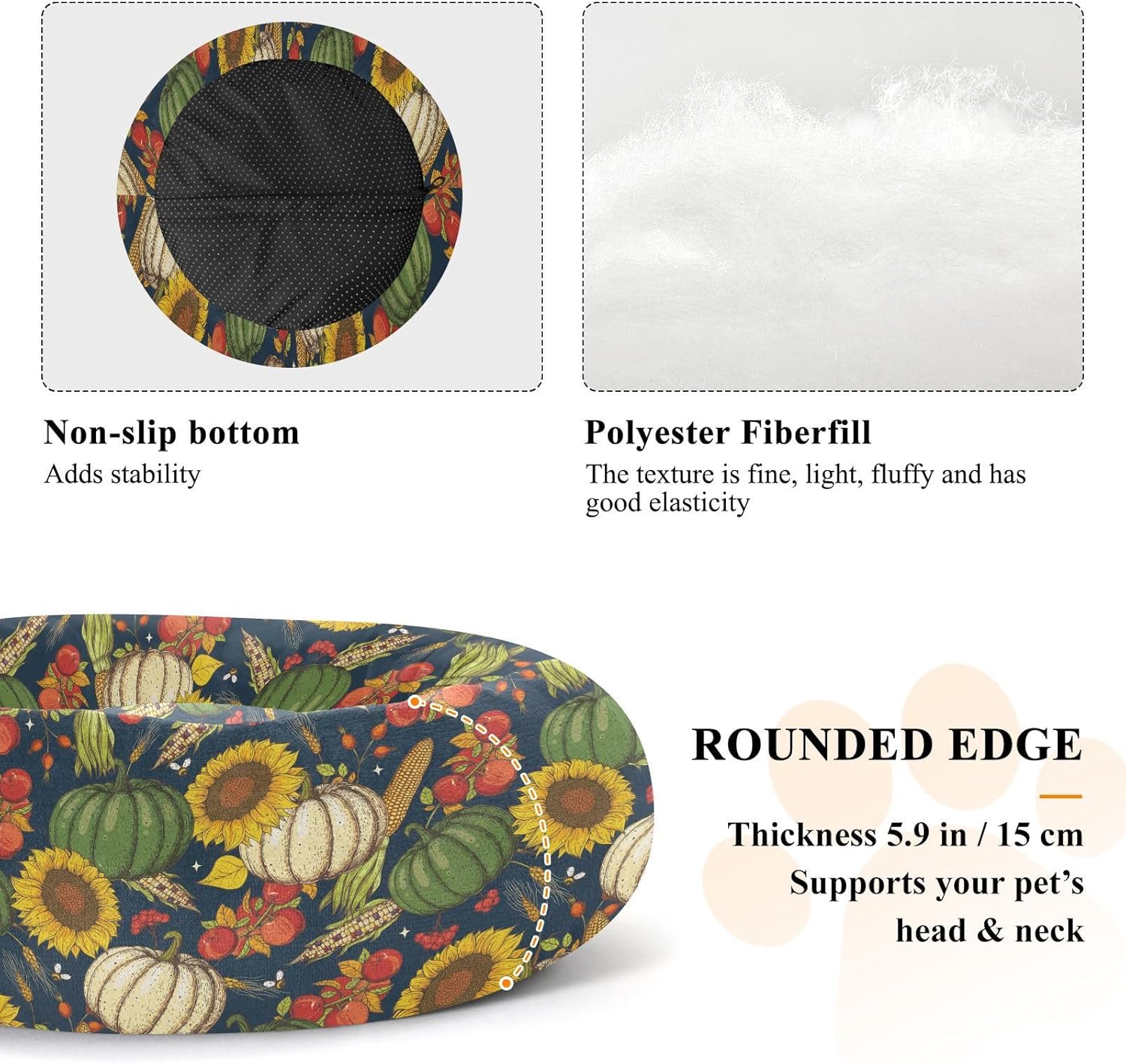 Pet Dog Beds Anti-Slip Fluffy Cat Pillow Bed for Medium Size Pets Sleeping M Autumn Harvest Pattern Black