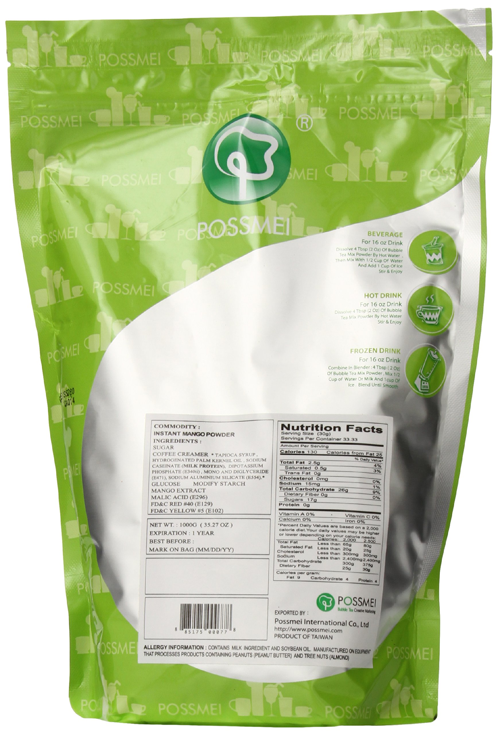 Possmei Bubble Tea Mix Instant Powder, Mango, 2.2 Pound