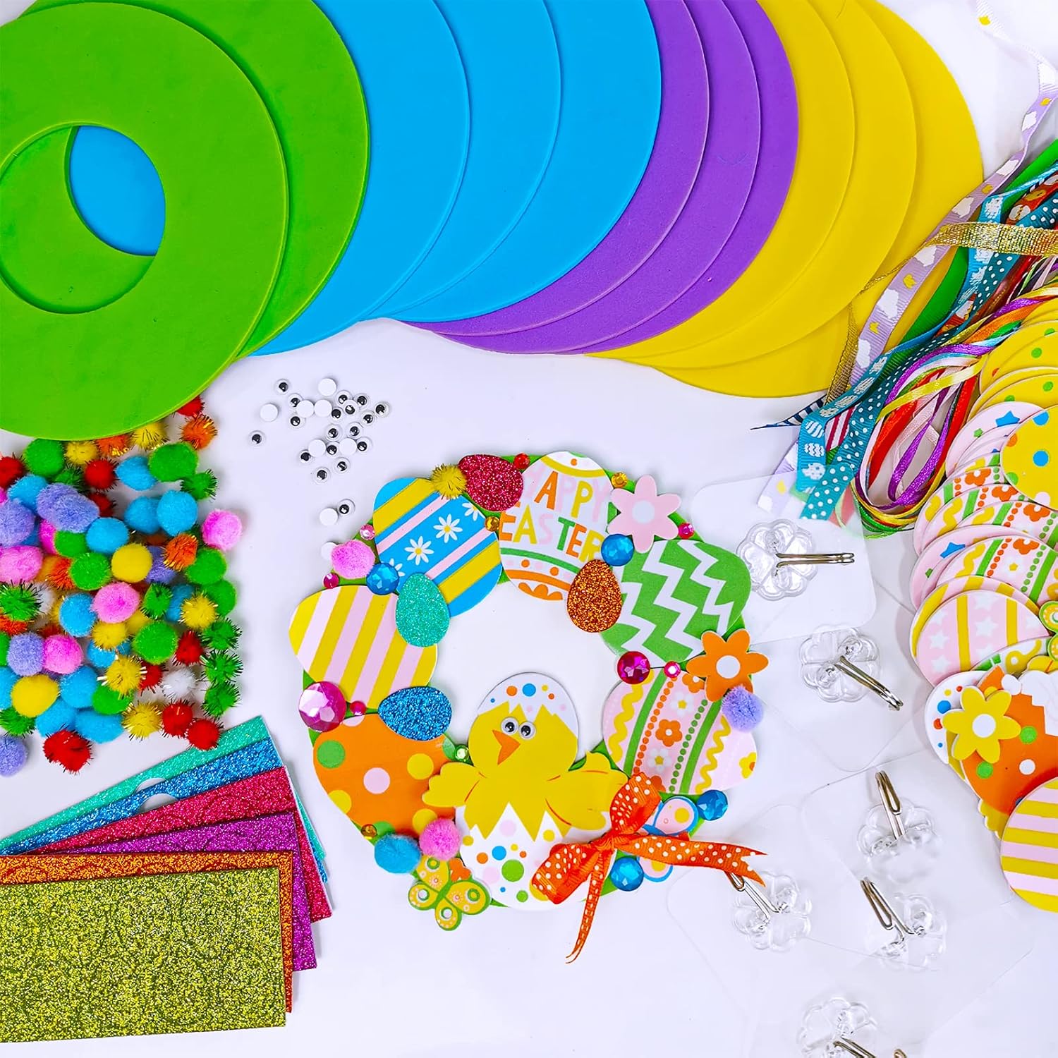 12 Sets Easter Wreath Decorations DIY Foam Easter Wreath Signs Craft Kits Easter Eggs Bunny Chick Foam Easter Stickers Pom-Poms Googly Eyes for Kids Party Favors Classroom Home Activity Art Project