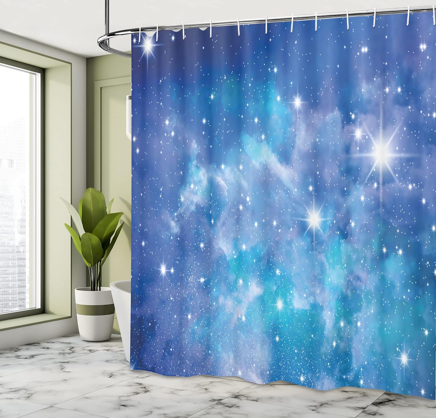 Ambesonne Space Shower Curtain, Vibrant Star Clusters Constellation Ethereal Infinity Picture Image, Cloth Fabric Bathroom Decor Set with Hooks, 69" W x 70" L, Purple Grey Turquoise