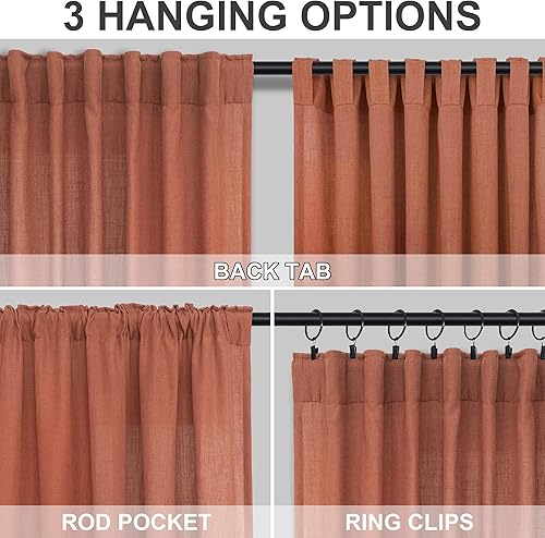 Miniatura 4 de Cortinas de terracota de 63 pulgadas de largo para dormitorio de niñas, 2 paneles con bolsillo con pestañas traseras, con textura de lino,