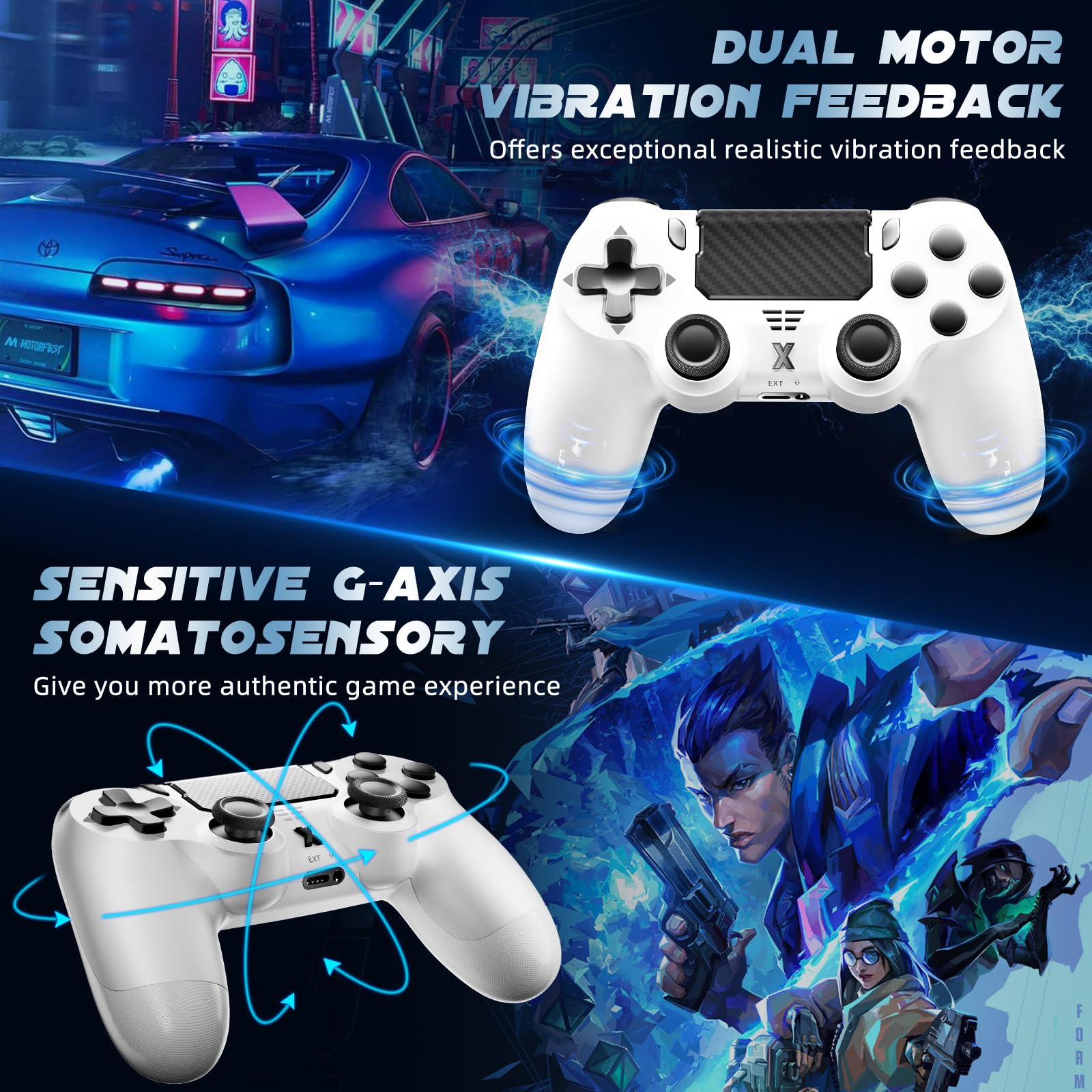 Glitfix Wireless Controller, Upgraded Controller Wireless for PS-4/Slim/PC, Bluetooth Gamepad Joystick with Dual Vibration/Touch Panel/ 3.5mm Audio Jack/Six-Axis/Ergonomic (White) — view 2