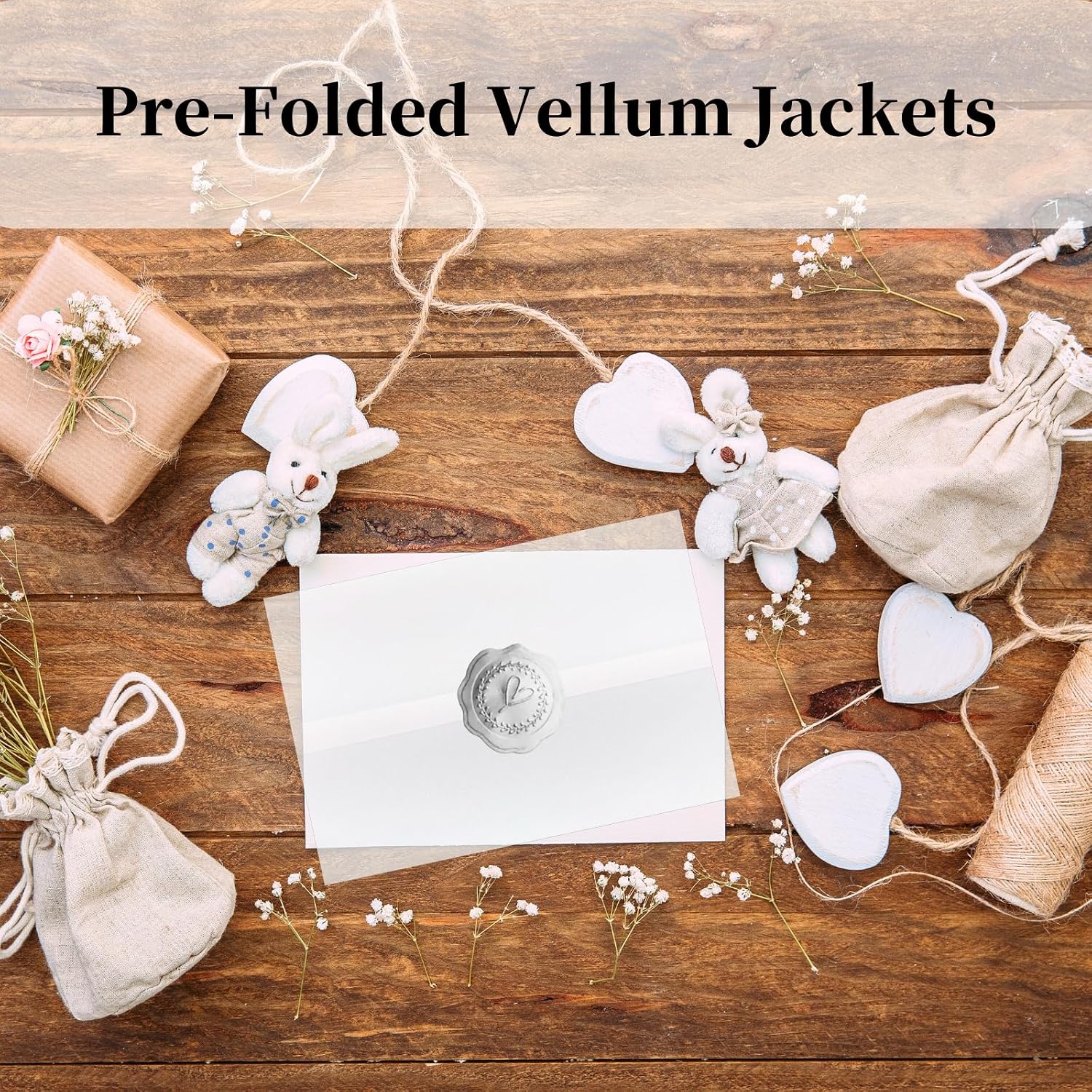 Cayton 100 Pack Pre-Folded Vellum Jackets for 5x7 Invitations, Bulk Transparent Paper Envelope Liners with 125PCS Silvery Sealing Stickers for Wedding Baby Baptism Birthday Invitation (Silvery)