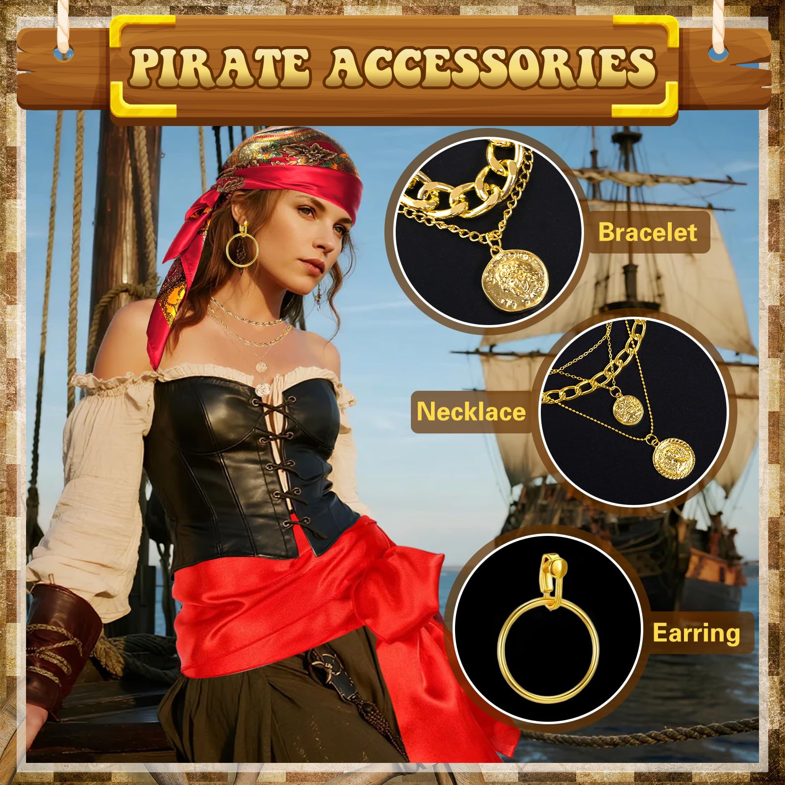 Meriviva Womens Pirate Costume Accessories with Pirate Headscarf Belt Necklaces Bracelet Earring Eye Patch - Image 3