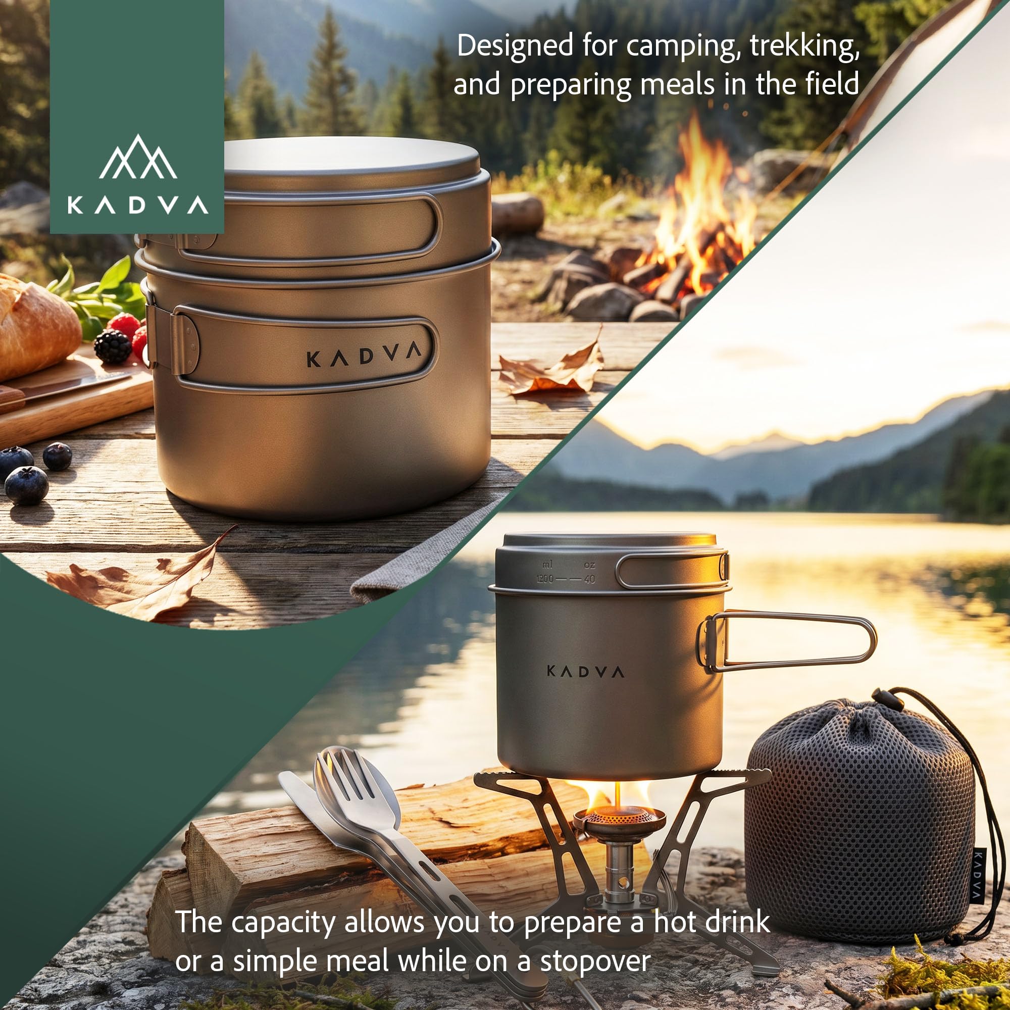 KADVA Titan - Set di pentole da campeggio da 1600 ml, per trekking e attività all'aperto | Set di 2 pentole in titanio con pentola e coperchio come padella, 0,25 kg, colore argento e compatto