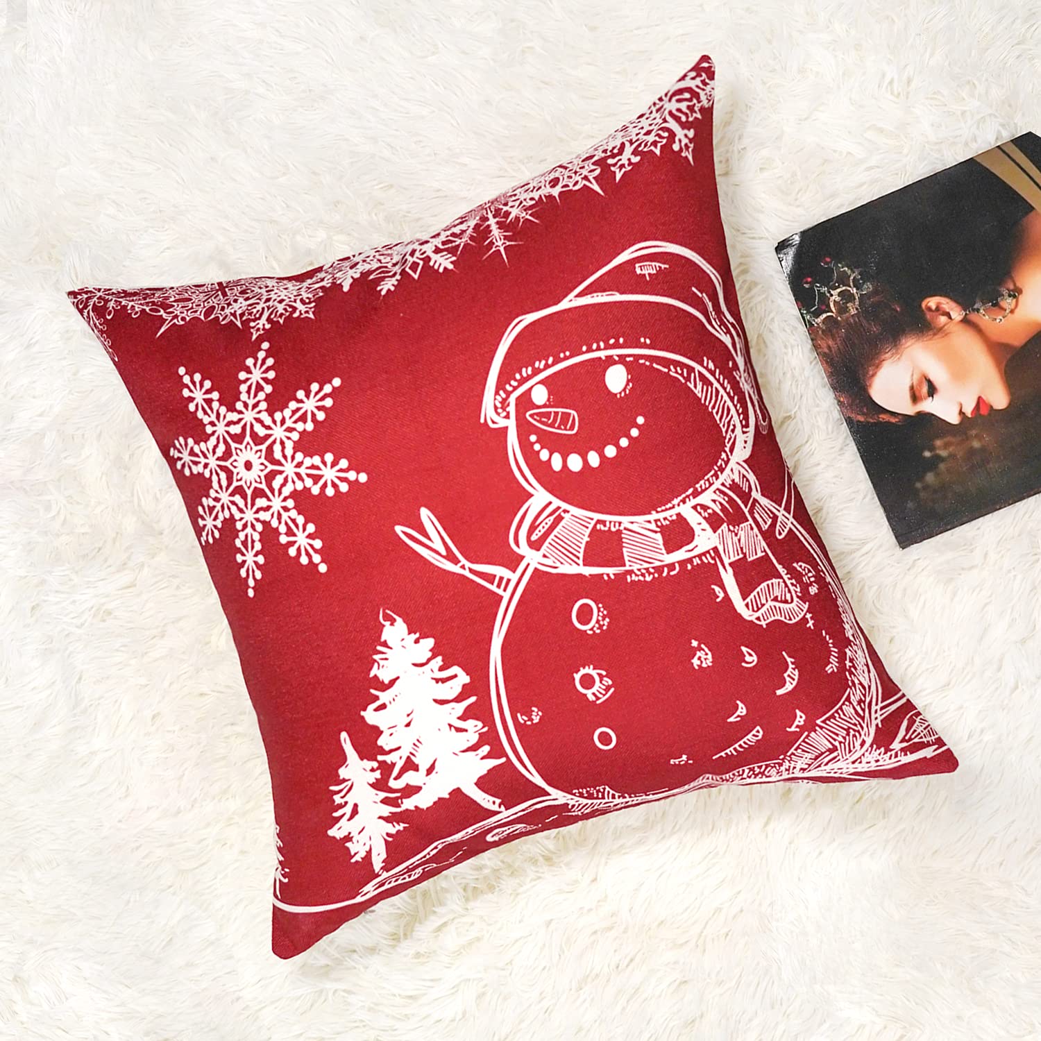 GYISANA Set di 4 federe per cuscini 45x45 rosso pupazzo di neve Natale lino cuscini decorativi moderni per divano