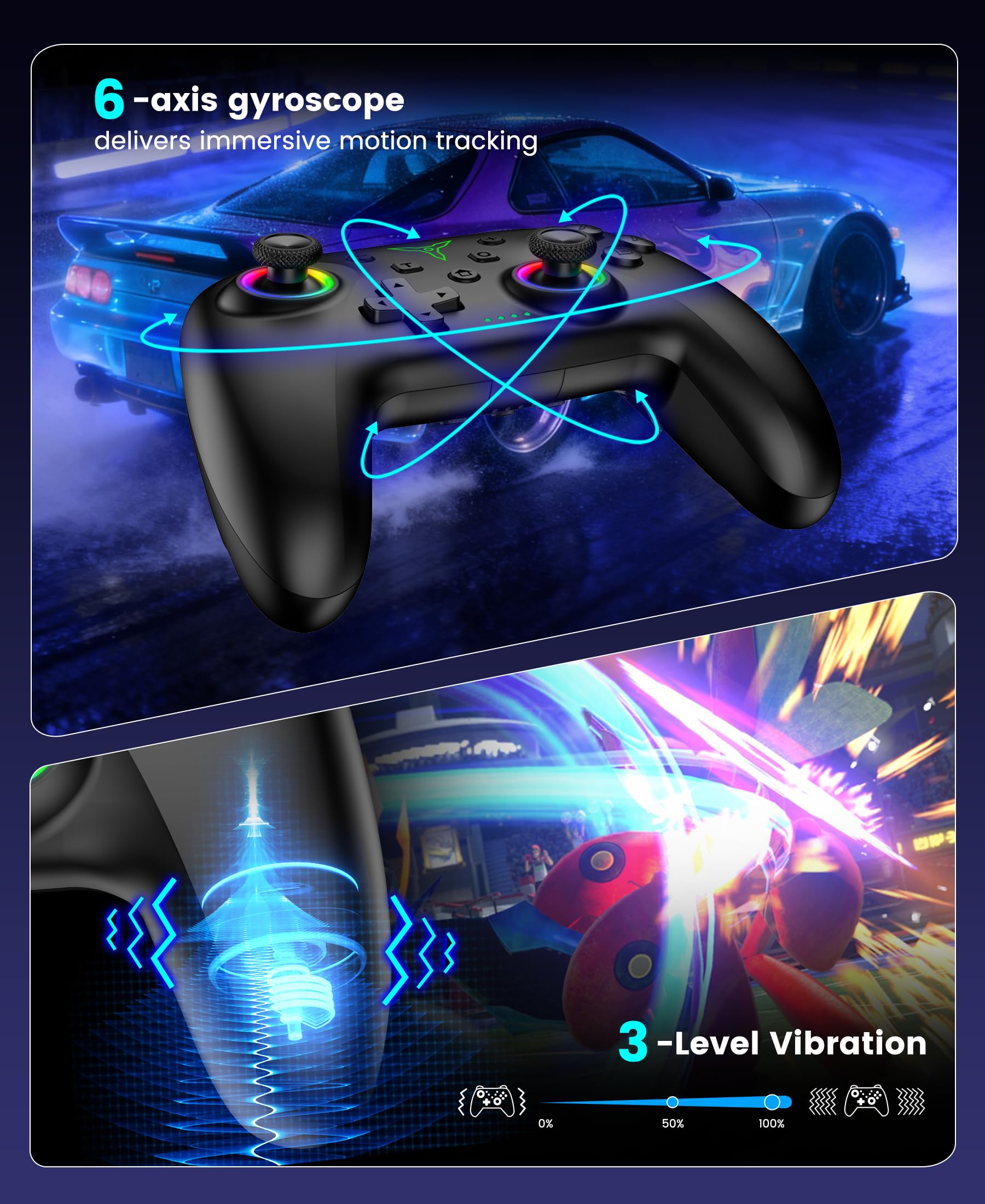 BEBONCOOL HOTS Switch Controller mit Ladestation,kabellos Pro Controller, Aufwachfunktion/Hall-Effect-Joystick/RGB/programmierbar/Turbo/Dual Motor Vibration/15h Akku–für Switch 2/Switch/OLED/Lite - 5