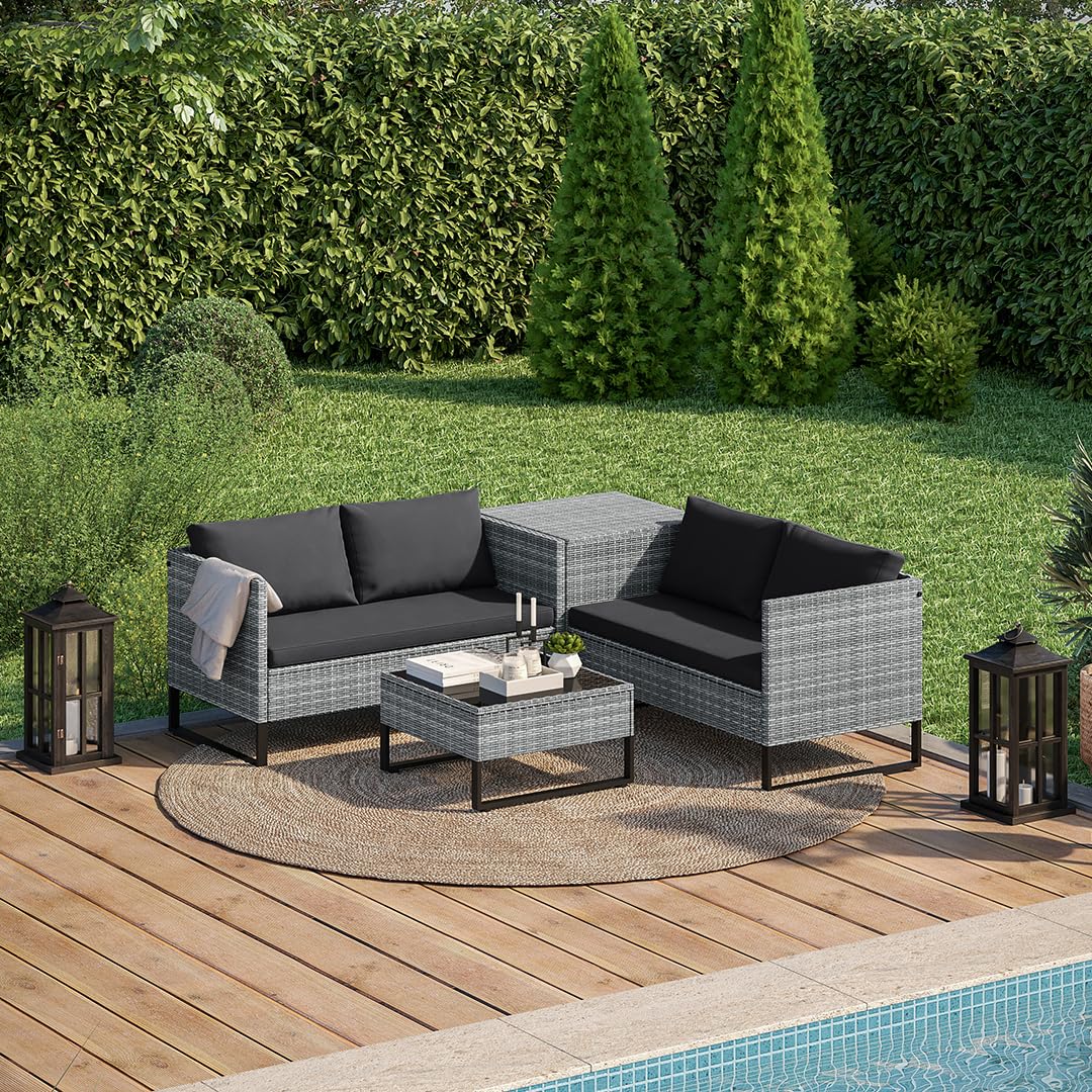 STEELSØN Alniyat Rattan Gartenmöbel Set 4-TLG. – Gartenlounge mit Bänken, Tisch & Auflagenbox – Sitzgruppe Outdoor grau/anthrazit Garten/Balkon/Terasse – Sitzgarnitur Set Metallgestell wetterfest