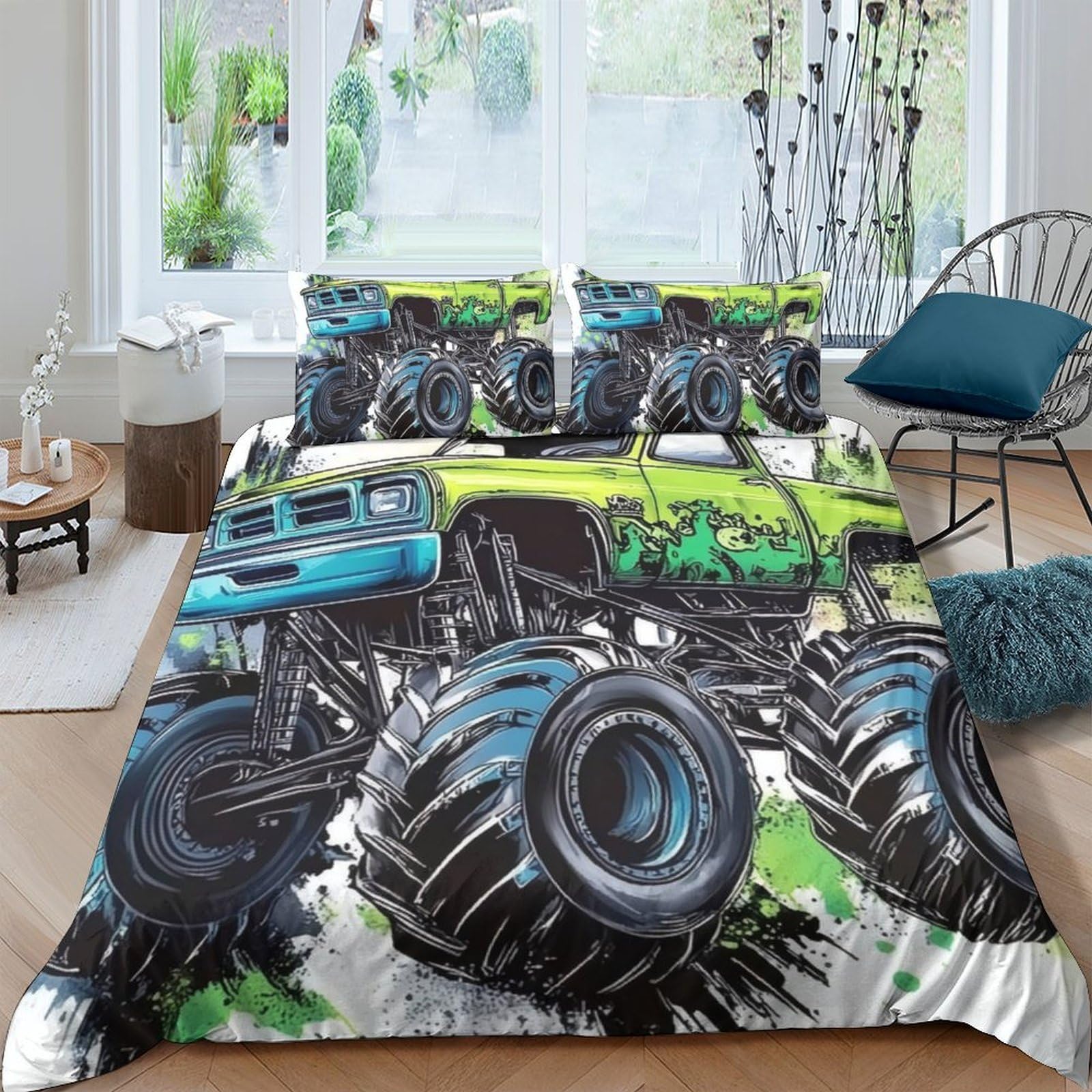 GPLZQXKJNH 3D Printed Monster Truck Duvet Cover Microfiber Soft Breathable Graffiti Style Bedding Set with 2 Pillowcases for Bedroom Decor Single（135x200cm）