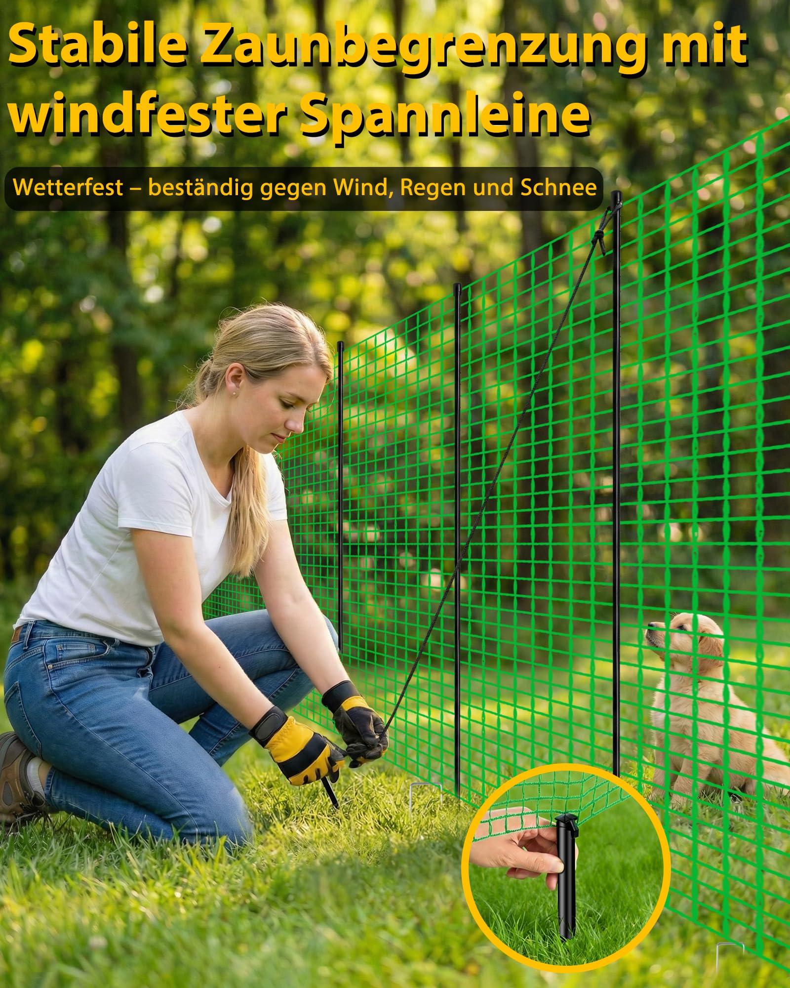 Mobiler Begrenzungszaun ohne Strom, 90 cm hoch, 25 m Gartennetz mit 15 integrierten Pfählen – feinmaschiger Steckzaun für Garten & Camping, geeignet für Hunde & Beetschutz, Komplettset