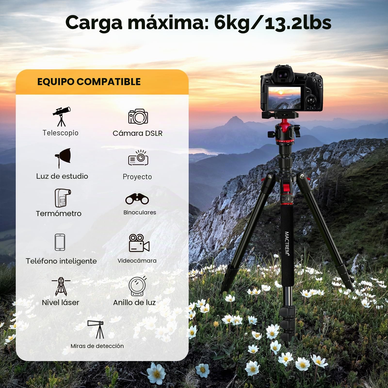 Trípode de Viaje MACTREM de 67"/172 cm con Rótula de 360°, Monopie Aluminio Ligero para Cámara, Smartphone, iPad, Canon, Nikon, Sony, Prismáticos, Nivel Láser y Telescopio | Para Cámara Móvil Tablet Canon Nikon Sony, Prismáticos, Nivel Láser, Telescopio,