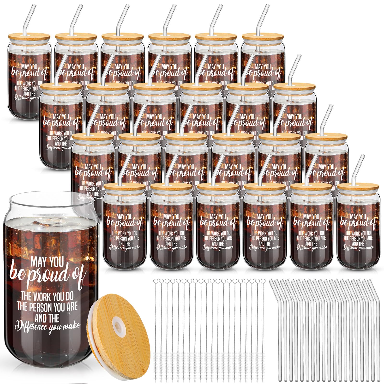 Dandat 24 vasos de vidrio inspiradores con pajitas y tapas, 16 onzas, con forma de lata de cerveza, regalos de cumpleaños, regalos para empleados, regalos para mujeres, niñas, amigas, hermanas (estilo