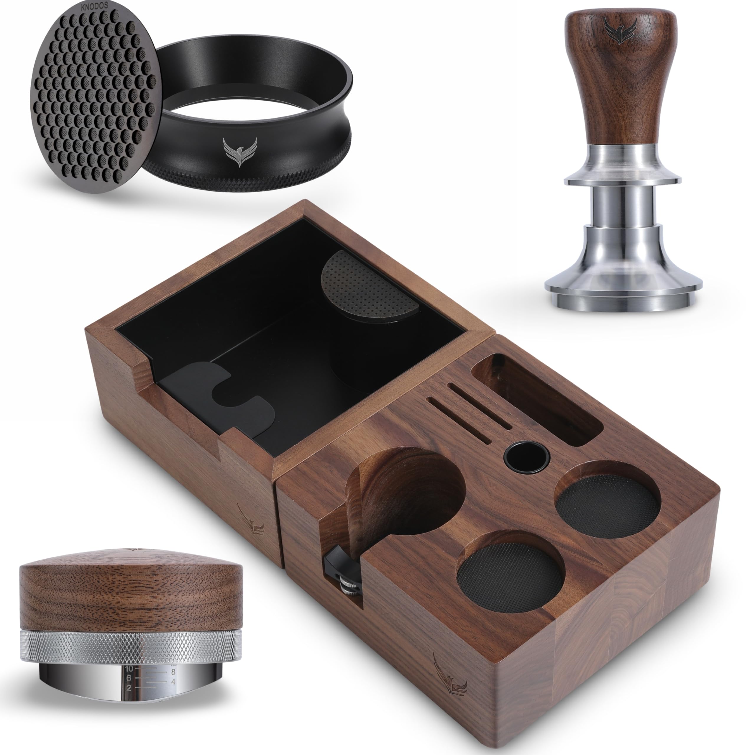 58,5mm Espresso Zubehör Set aus Walnussholz, 6-teiliges Barista Kit mit Kalibriertem Tamper, Distributor, Tamperstation mit Knock Box, Dosiertrichter und Puck Screen