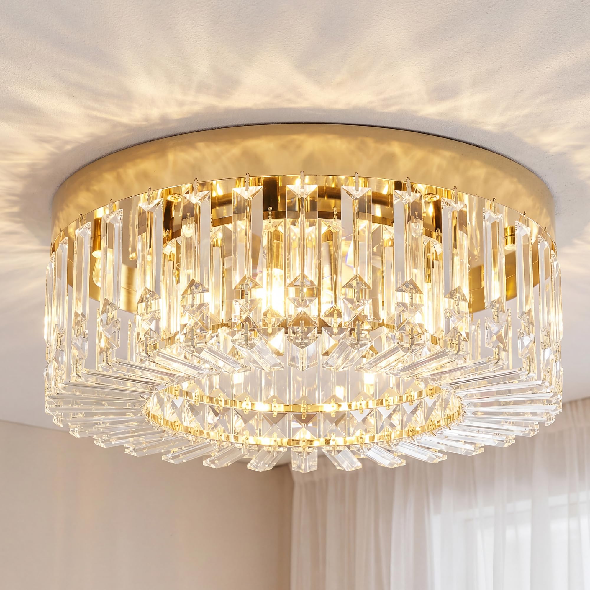 Crystal Chandeliers Ceiling Light with 225 Crystal Pendants, Modern 8-Light Flush Mount Ceiling Light for Living Room, Bedroom, Dining Room, Hall, Gold Tone