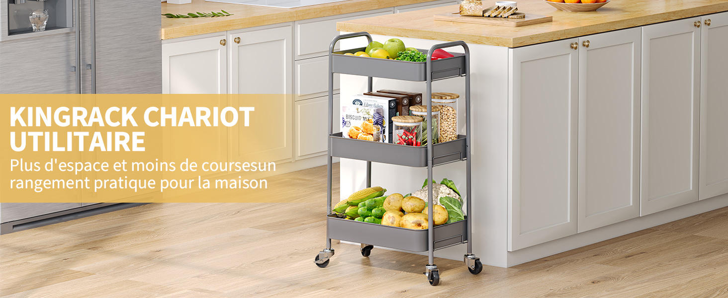 KINGRACK Chariot roulant de rangement à 3 niveaux, chariot utilitaire KINGRACK Chariot roulant de rangement à 3 niveaux, chariot utilitaire