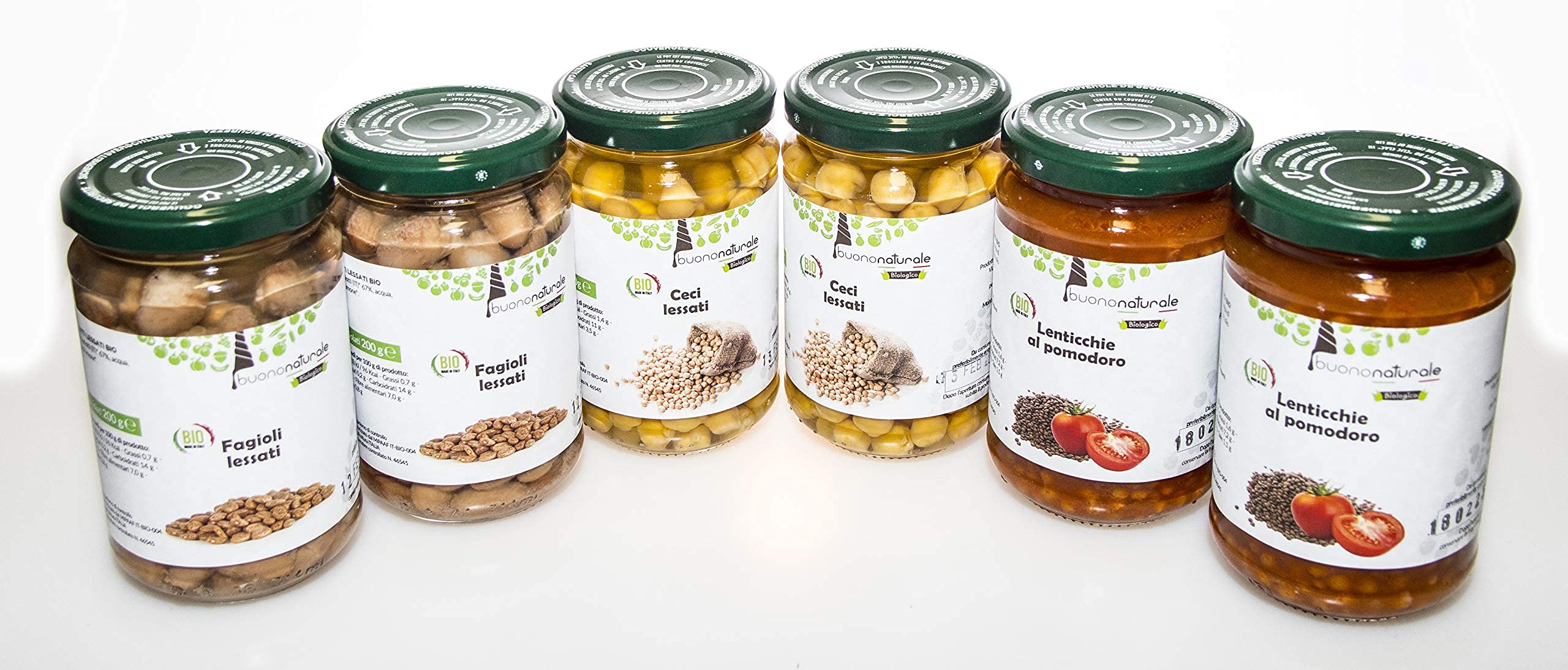 buononaturale Boîte aux légumes BIO 1,8kg — mélange de légumineuses italiennes bouillies: 2pcs Lentilles au tomate BIO, 2pcs Haricots borlotti bouillis BIO et 2pcs Pois chiches bouillis BIO (6x300g)