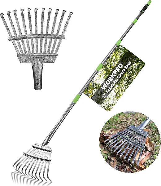 WORKPRO Rake, Small Rake for Leaves with 72” Adjustable Long Handle, 11 Steel Tines, Heavy Duty Metal Leaf Rakes for Garden, Lawn, Yard, Shrub, Flower Bed, Narrow Rakes 9" Wide Head for Tigh