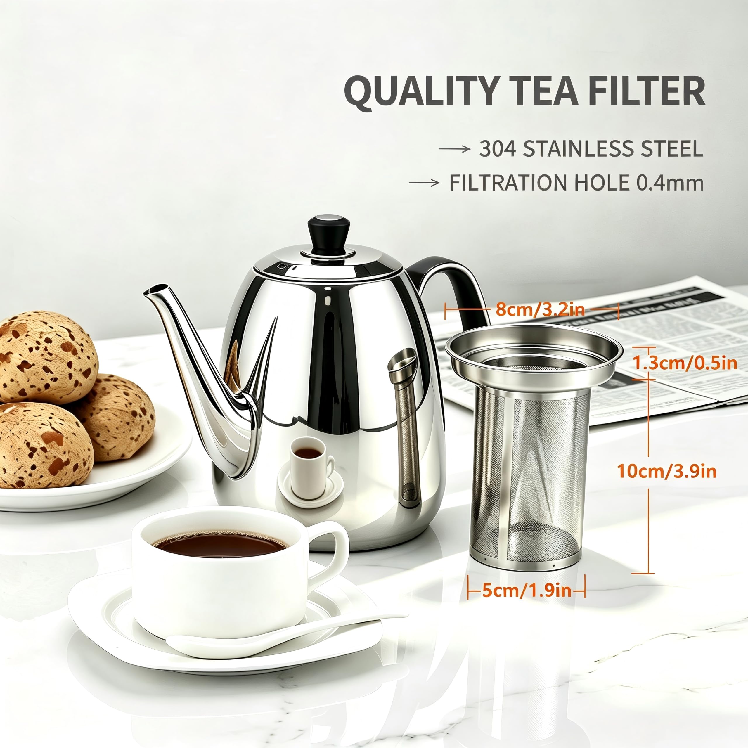 SANQIAHOME Tetera de acero inoxidable con colador, con infusor extraíble o filtro para hojas sueltas y bolsas de té, jarra de agua fría, apta para lavavajillas, plata, 1600 ml