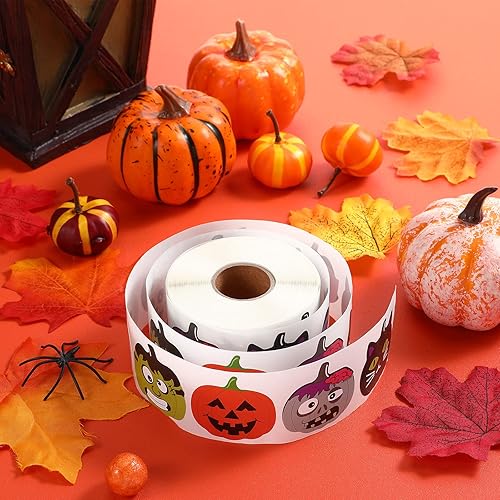 Miniatura 10 de Censen 600 calcomanías de Halloween de 1.5 pulgadas, rollo de personajes de calabaza de Halloween, 8 diseños de calabaza para decoración de fiestas