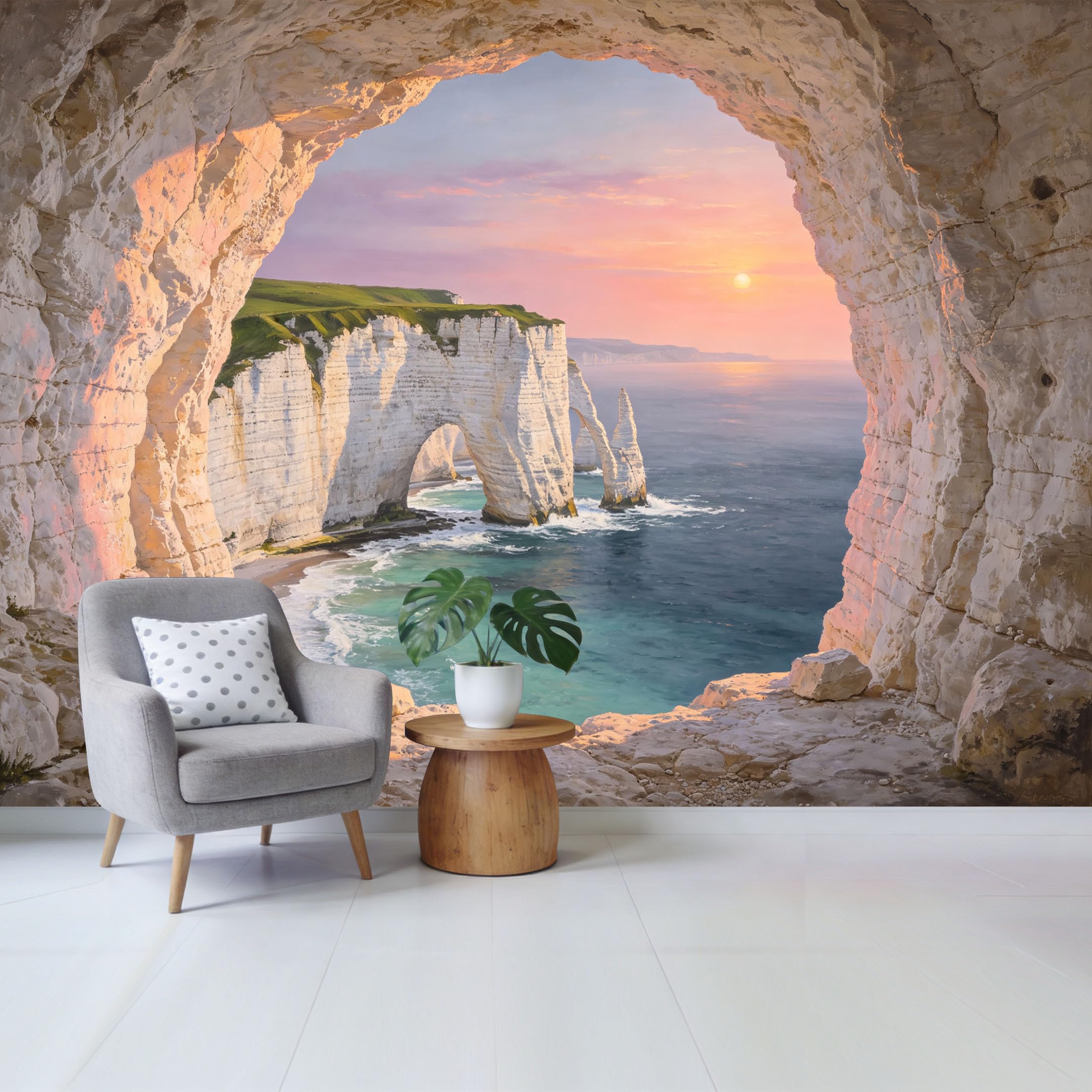 Custom Size Wall Mural Coastal Cliff Ocean View Sunset Landscape Removable Self Adhesive Fabric Home Wall Decor for Living Room Bedroom Bathroom