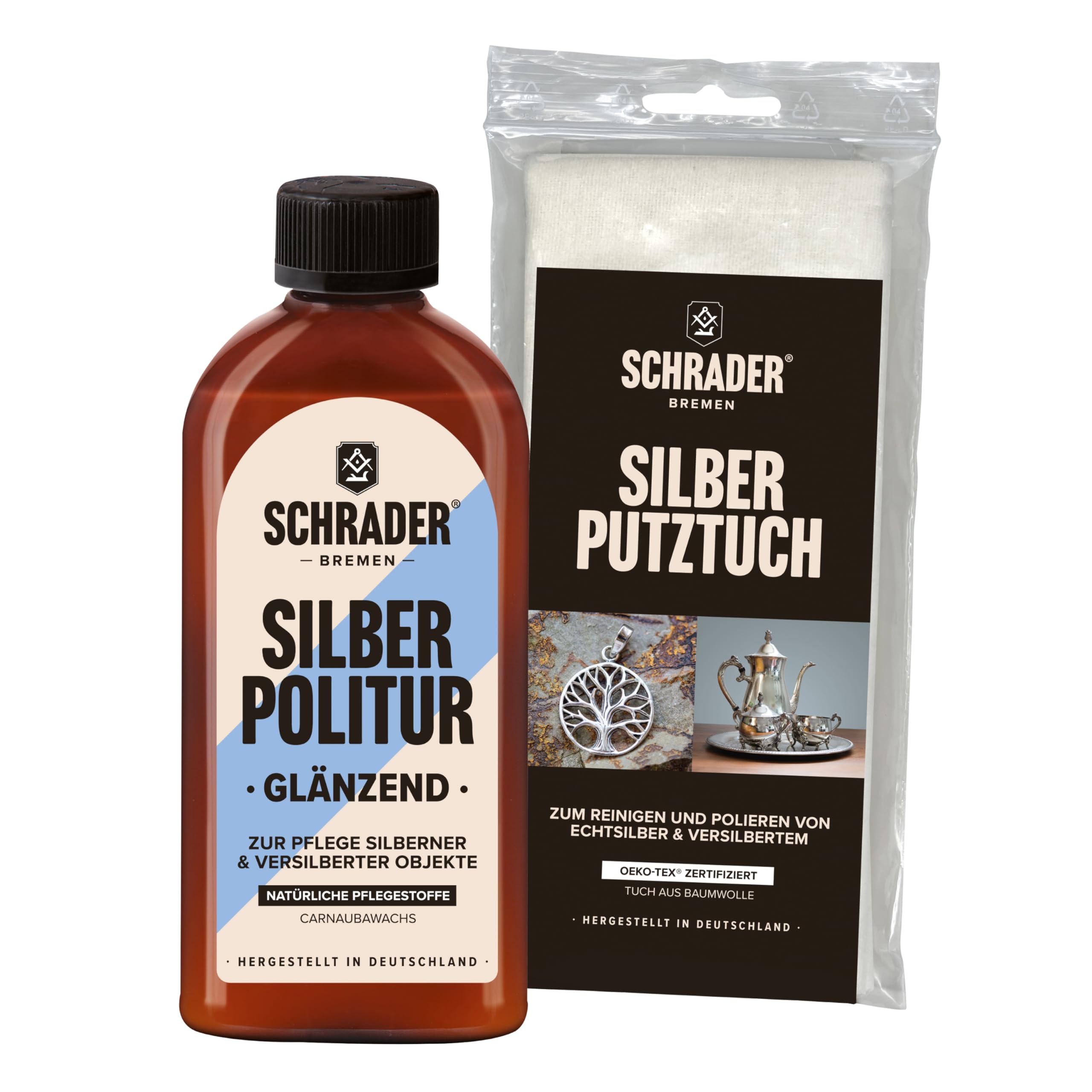 Schrader, set per la cura dell'argento, lucidante e panno per la pulizia dell'argento, per gioielli e posate, rimuove i punti di contatto, 2 pezzi