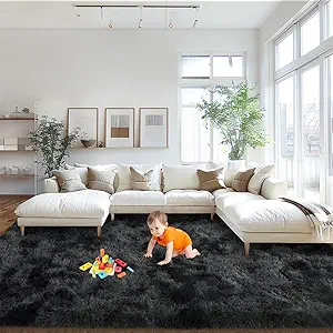 Area Rugs 9x12 Living Room, Large Fluffy Rugs for Bedroom, Soft Carpet Shag Kids Room Rug, Non-Slip Fuzzy Rugs Indoor (Black Grey Tie-Dyed, 9ft x 12ft)