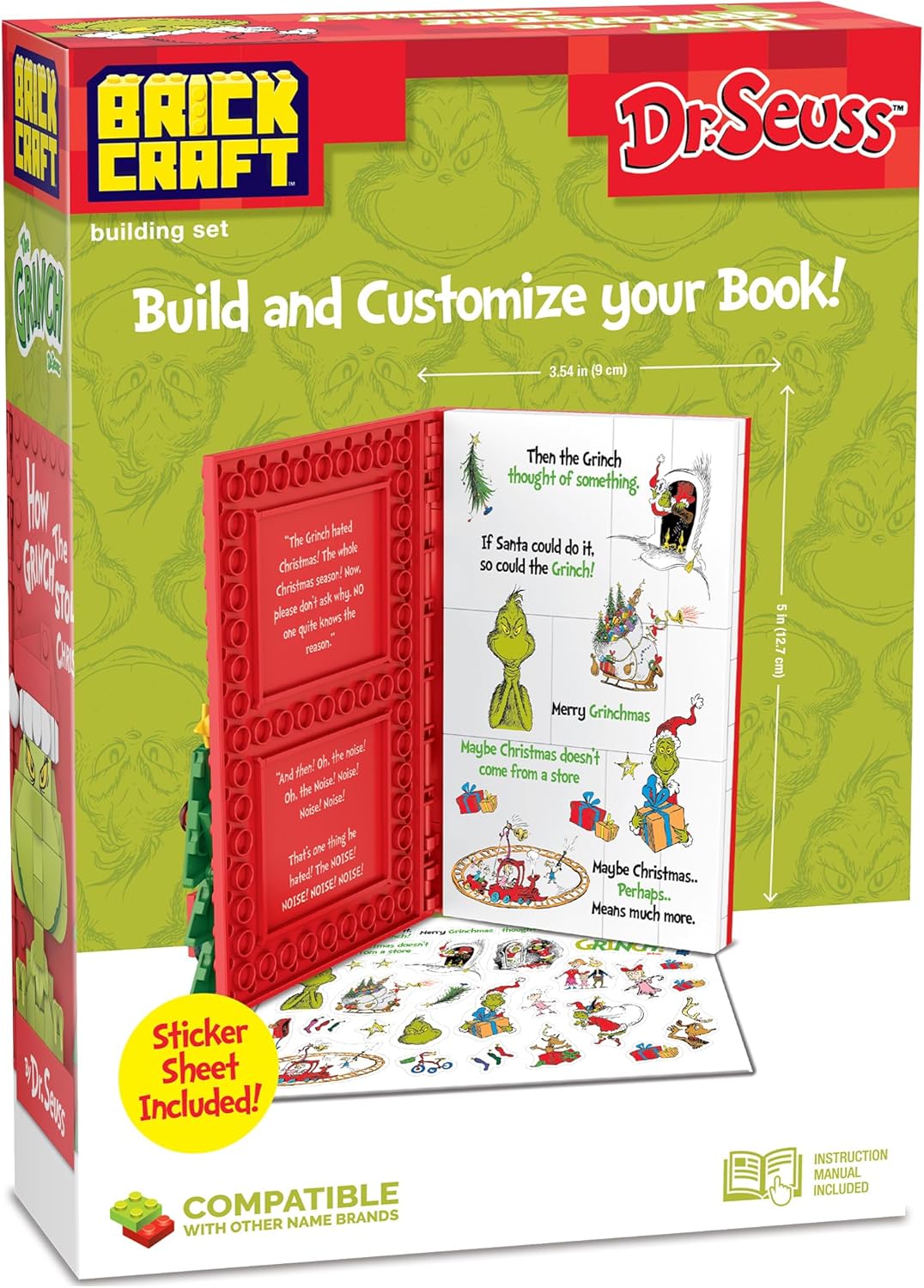 Brickcraft Dr. Seuss The Grinch How The Grinch Stole Christmas Building Set 133 Piece DIY Block Kit with Sticker Sheet, Customizable Book, Fun Collectible for Kids Teens Adults Ages 8+