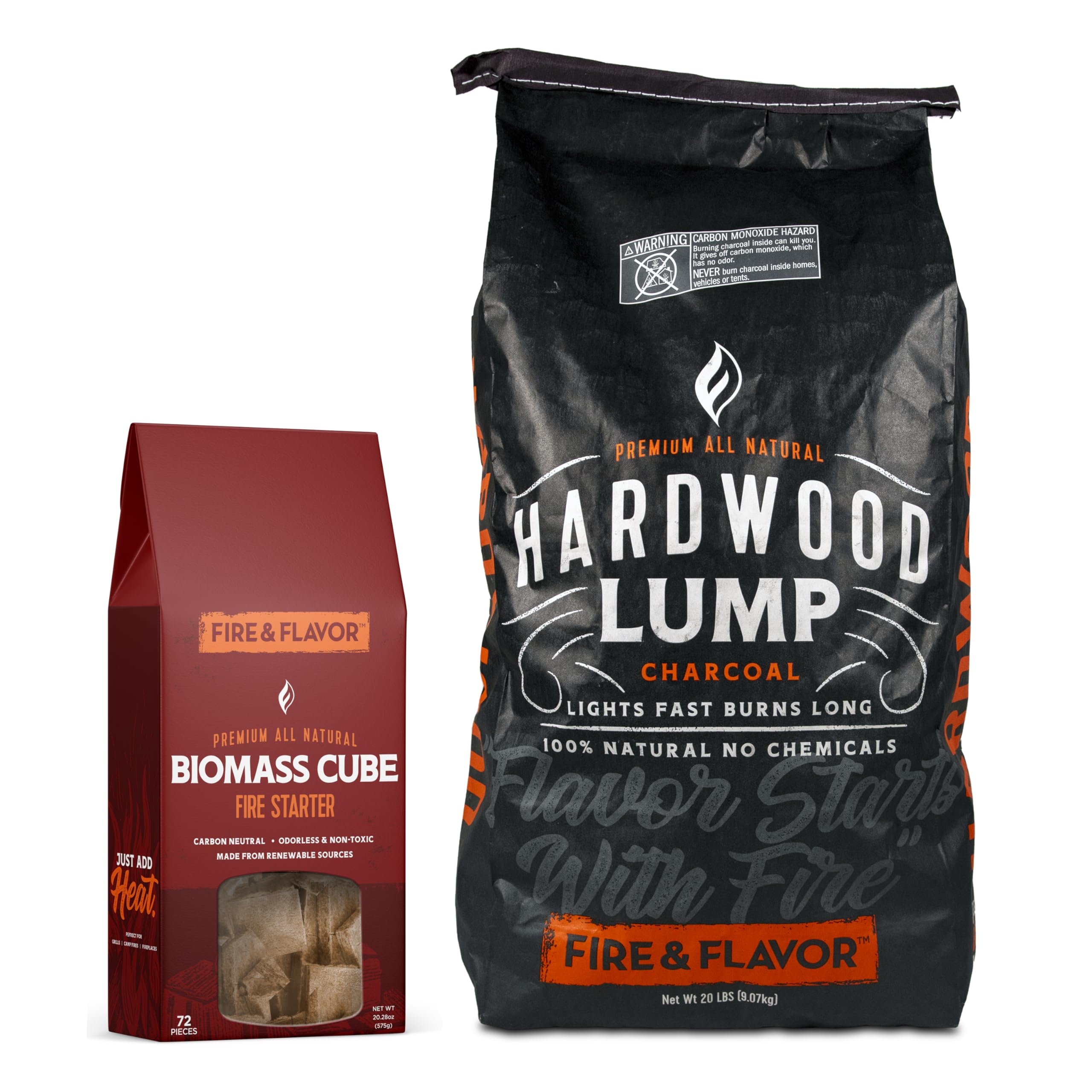 Fire & Flavor Grilling Bundle - All Natural Hardwood Lump Charcoal, Biomass Cubes - for Grilling and Smoking - Clean Burning Oak and Mesquite Charcoal Blend