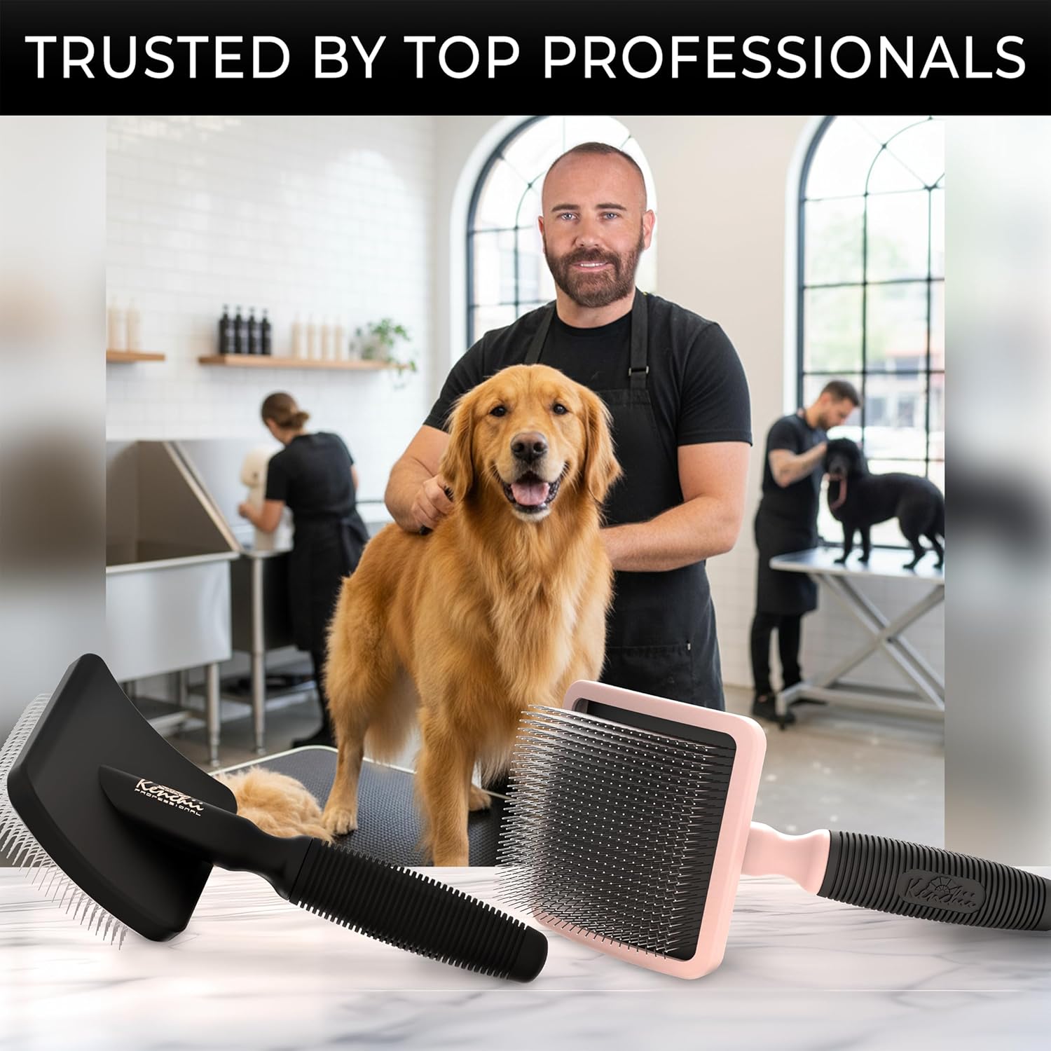 Kenchii Long Pin Slicker Brush for Dogs (Poodles, Doodles, Goldendoodles, Labradoodles), Professional Grooming Brush for Detangling, Fluffing & Dematting, Non-Slip Comfort Handle