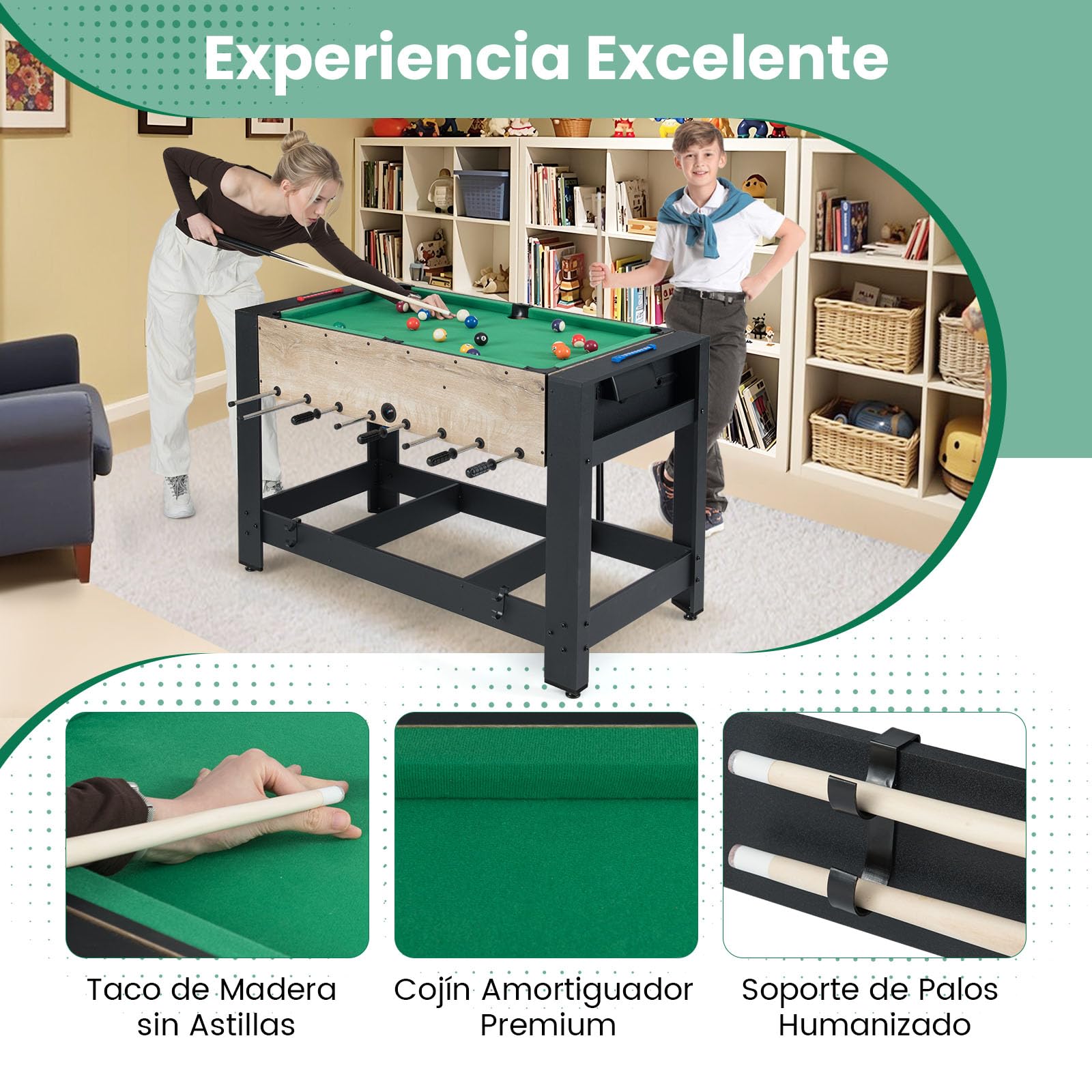 COSTWAY 2 en 1 Mesa Multijuego Giratoria, Mesa de Futbolín y Billar con Patas, 2 Bolas, Tacos, Triángulo, Cepillo y Tizas, Juego de Interior para Adolescentes y Adultos, 122 x 60,5 x 81,5 cm