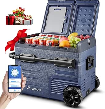 AAOBOSI 45L Nevera Portatil Electrica, Doble Zona, Nevera Coche con App, Carga USB, Iluminación LED, 12/24V y 100-240V, -20°C a 20°C, Nevera 12V sobre Ruedas, para Muchos Modelos, Interior y Exterior