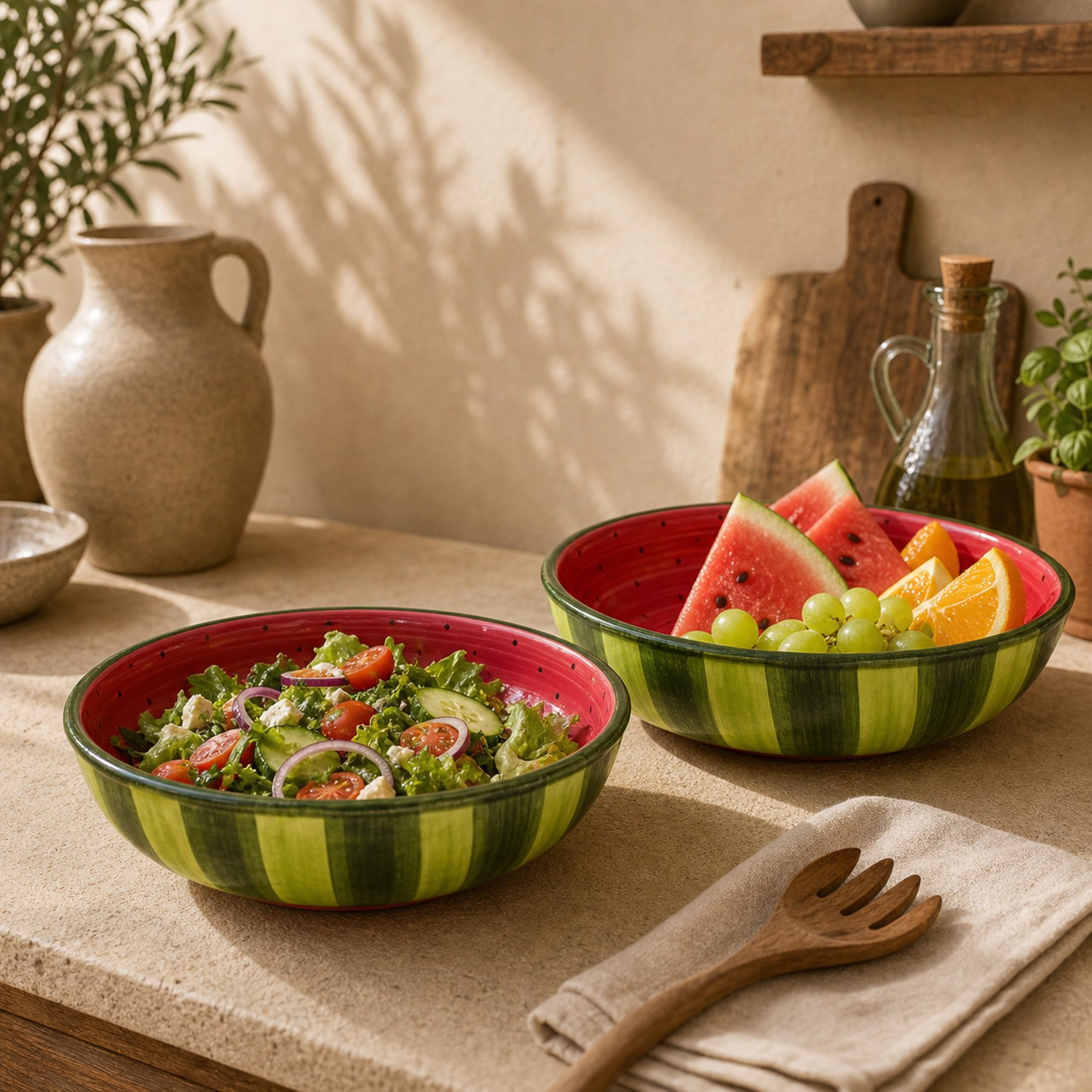 Ensaladera cerámica sandía pack de 2, bowl frutero 27 x 7,5 cm rojo verde para ensaladas y frutas