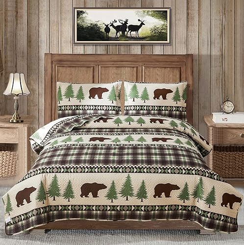 MINCHI Edredón de oso de cabaña, tamaño individual, ligero, rústico, a cuadros, colcha para todas las estaciones, árbol del bosque, decoración del disponible en Yaxa Colombia