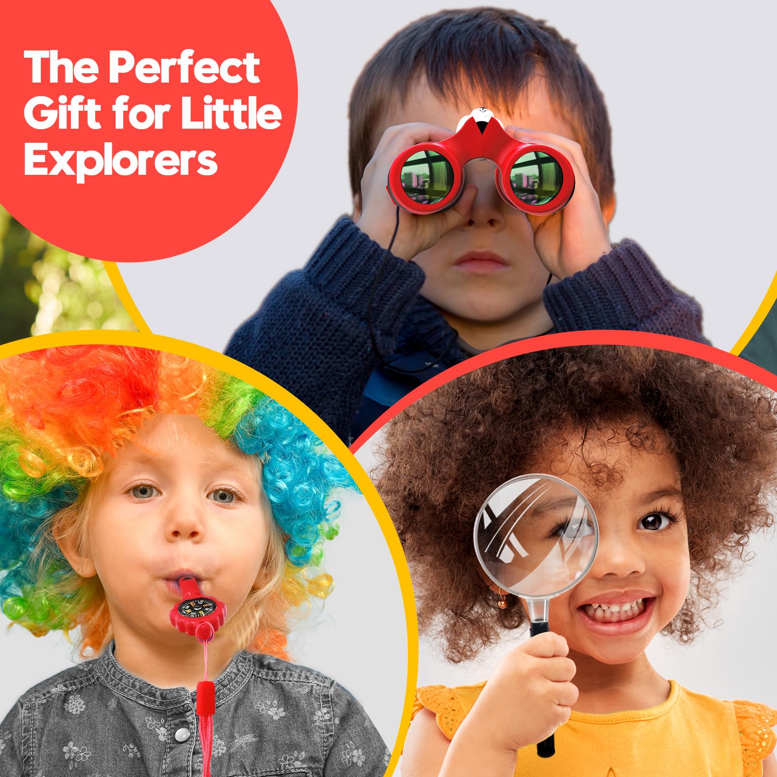 Binocolo Bambini 8x21 Ottica reale ad alta risoluzione, con lente d'ingrandimento e bussola fischietto, binocolo per bambini da 3 a 12 anni, ragazzi e ragazze, escursioni, viaggi (rosso)