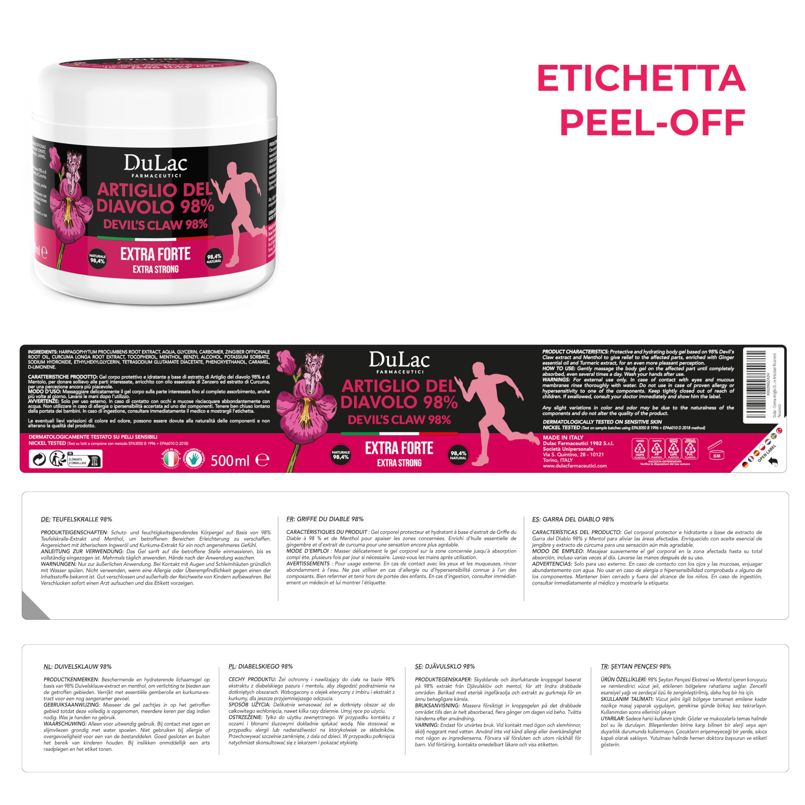 Dulac – Artiglio del Diavolo 98%, 500 ml, Gel per Massaggio Muscolare e Articolare, Effetto Rinfrescante, Artiglio del Diavolo Extra Forte, con Zenzero, Mentolo e Curcuma, Made in Italy