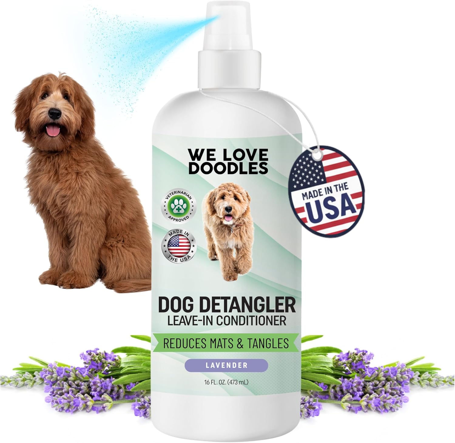 We Love Doodles Dog Detangler Spray - Leave-in Conditioner for Dogs - Dog Detangling Spray - Dematting Spray for Dogs - Tangle Remover - Made in The USA (Lavender)
