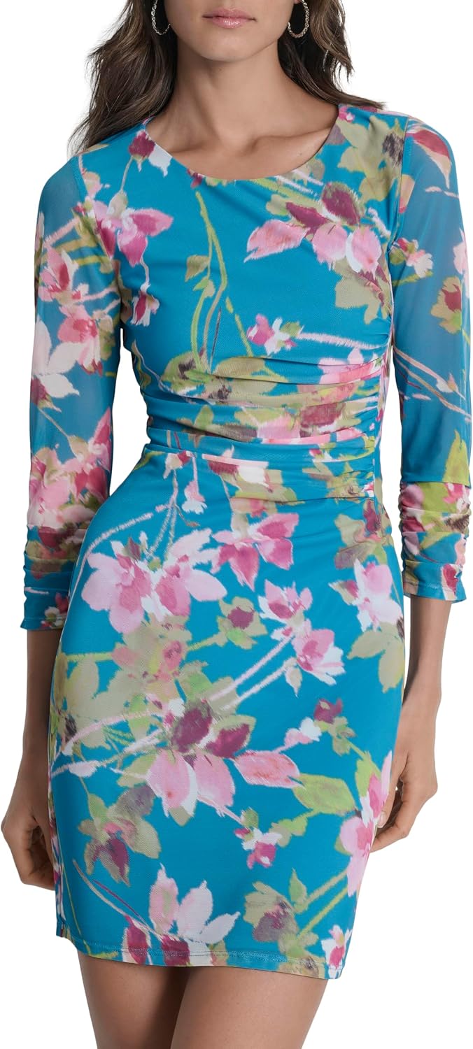 DKNY Women's 3/4 Ruched Sleeve Jewel Neck Ruched Bodice Mini Dress