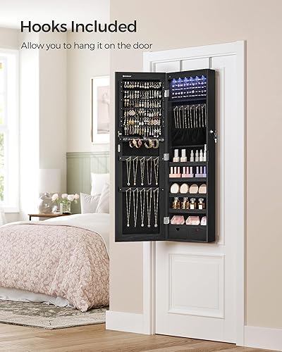 Miniatura 7 de SONGMICS Gabinete colgante de joyería, gabinete montado en la pared con luces interiores LED, organizador de joyas montado en la puerta, espejo de