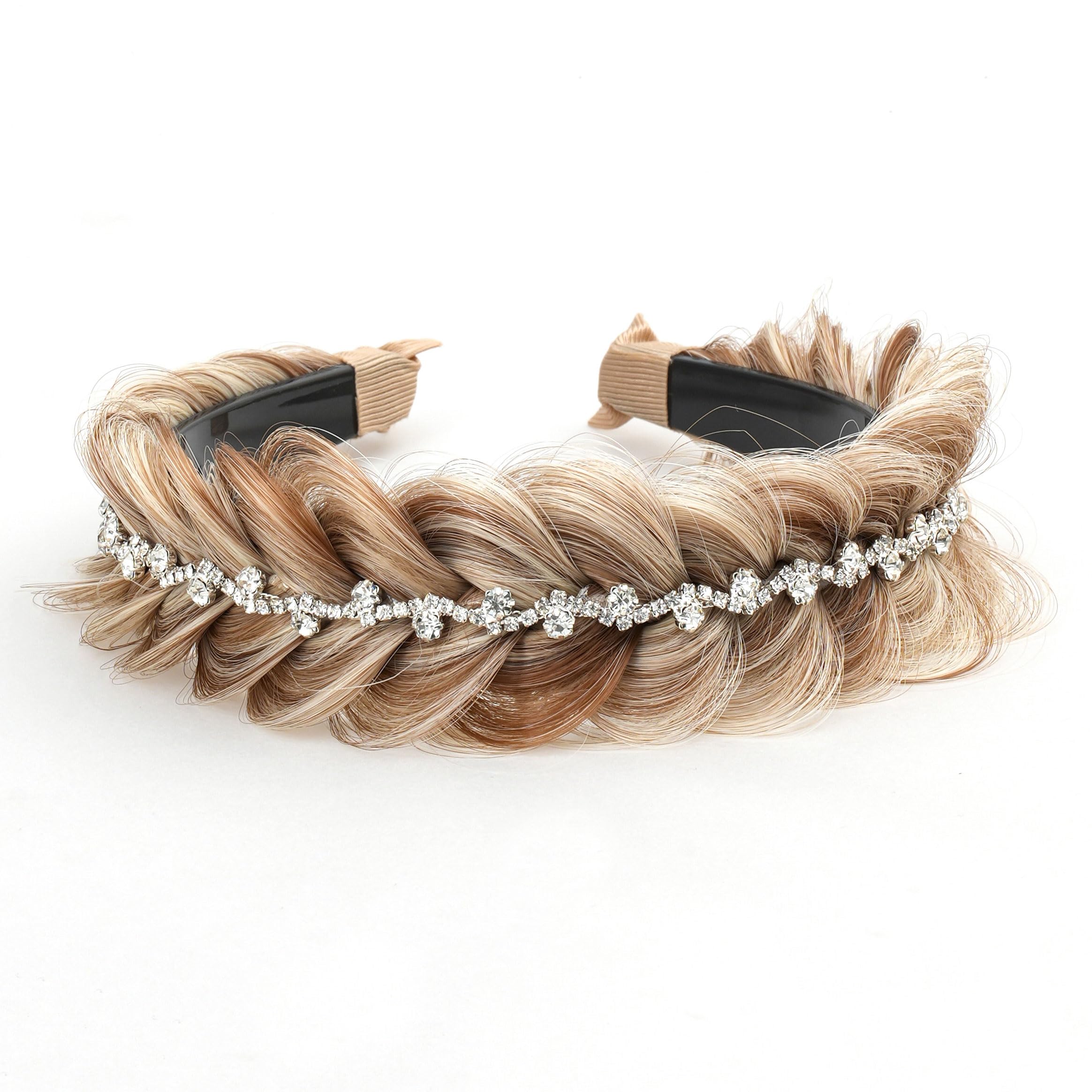 TOECWEGR Wide Messy Braided Headband with Teeth Synthetic Braided Headband Twisted Braid Fishtail with Crystal Embellishments Accessories for Girl and